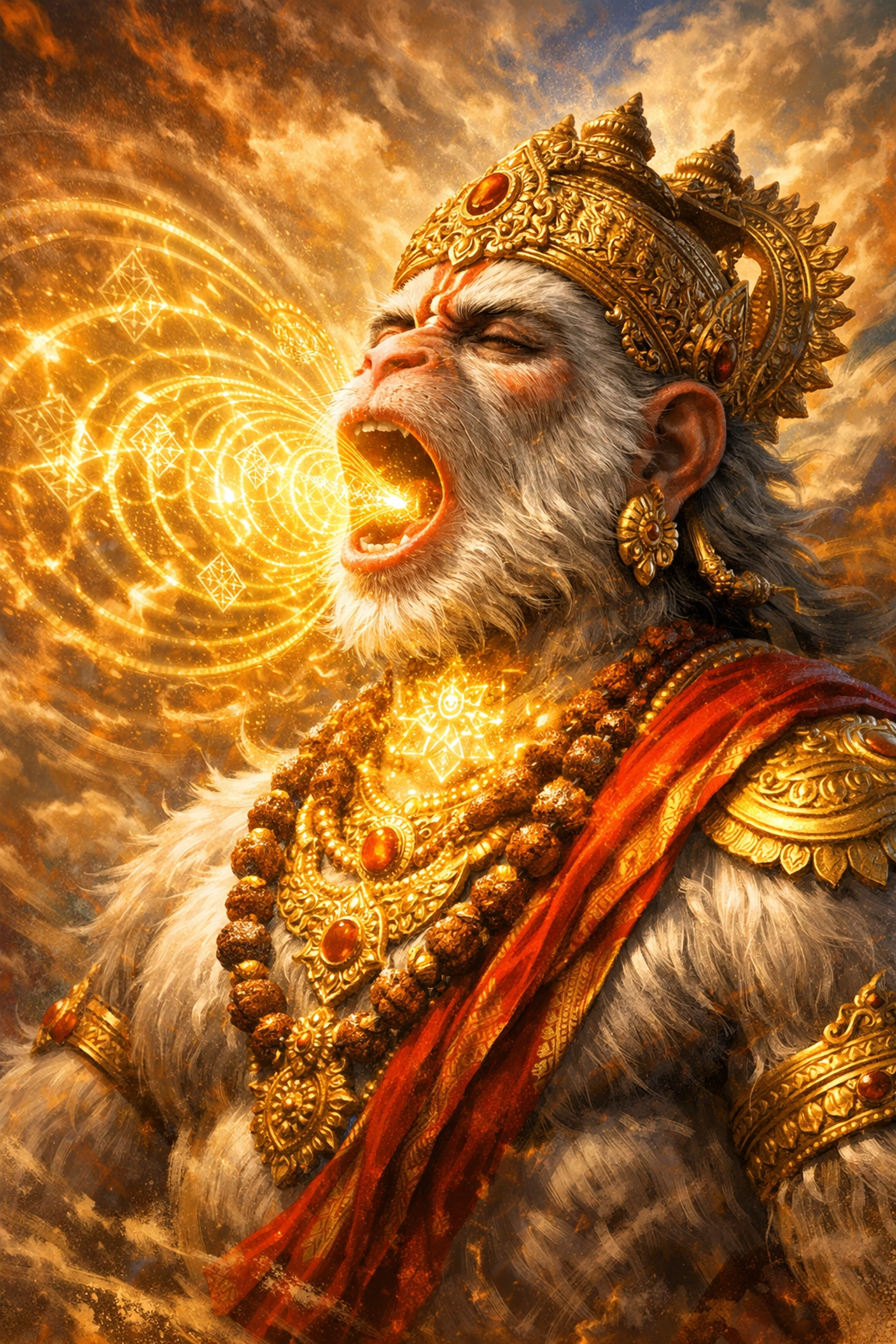 Hanuman manifesting the power of Vak with golden light, representing divine expression in authentic tantra.