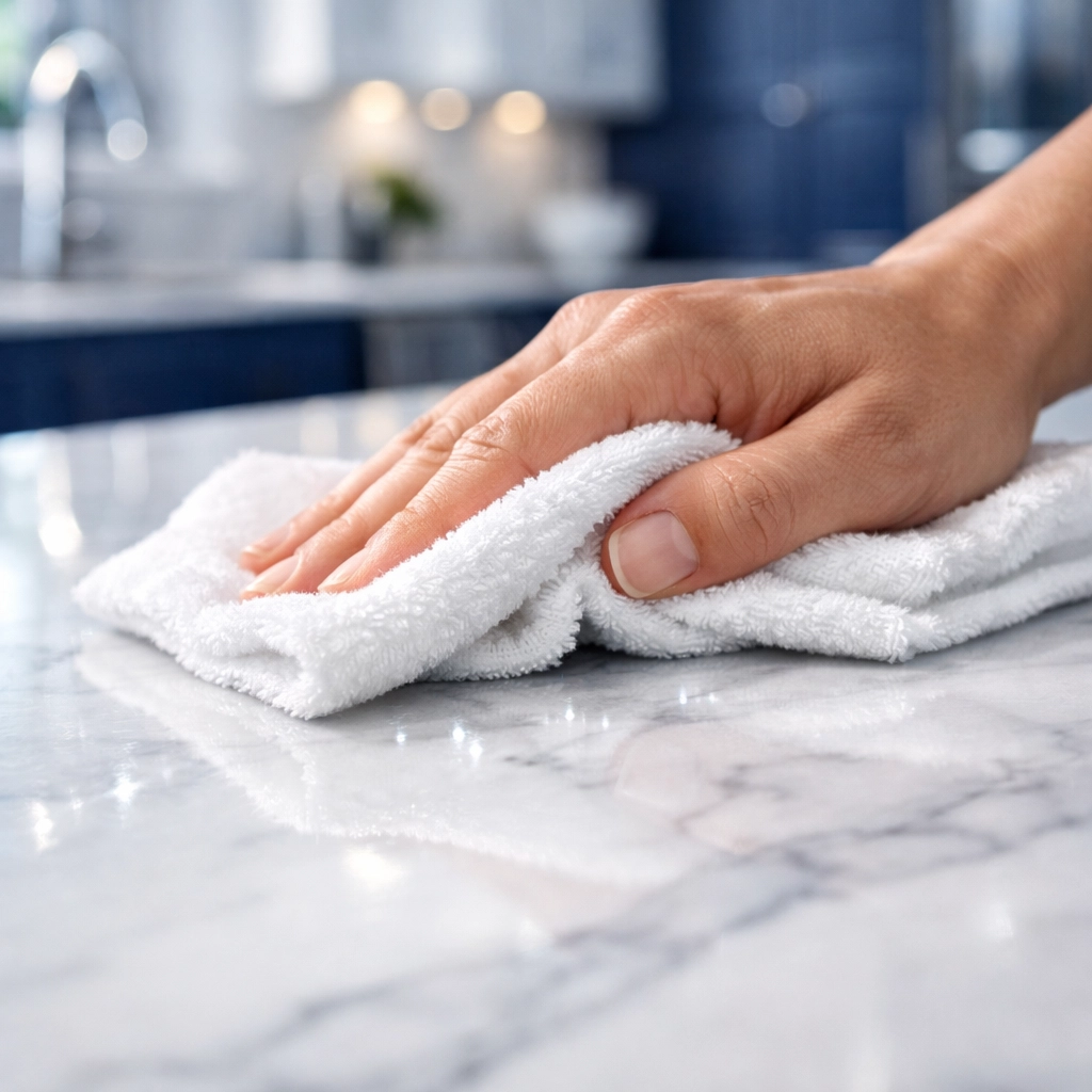 Close-up of a professional cleaner wiping a marble countertop to a streak-free shine in Natick.