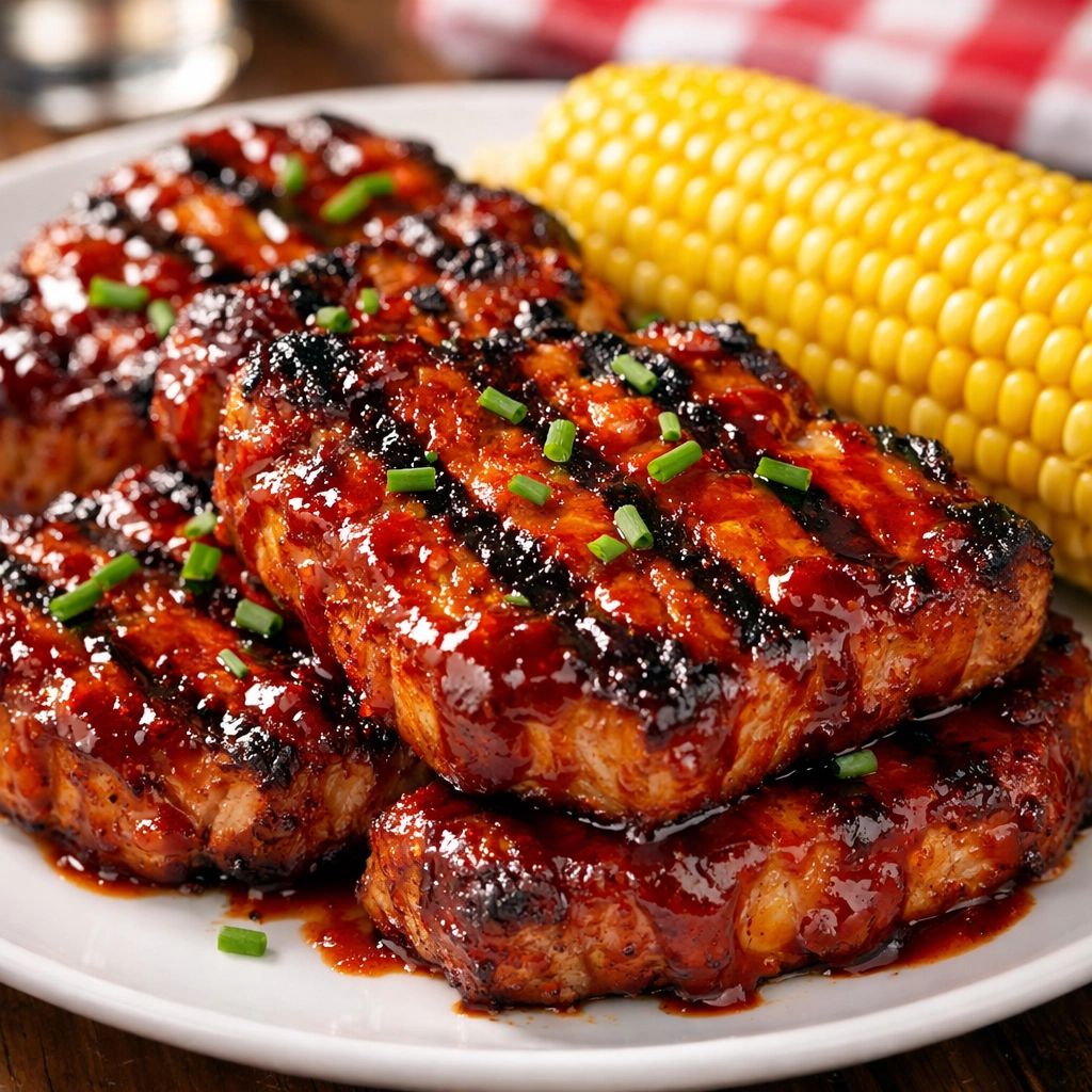 Saucy BBQ pork chops with corn on the cob, a flavorful 5-ingredient dinner option for an easy weeknight meal.