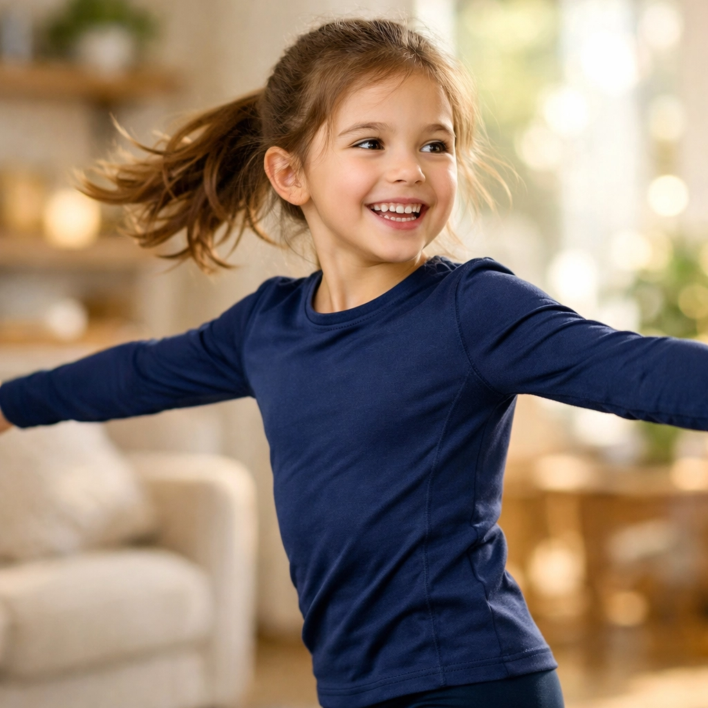 Child wearing a navy blue compression shirt spinning in a bright living room for sensory regulation.