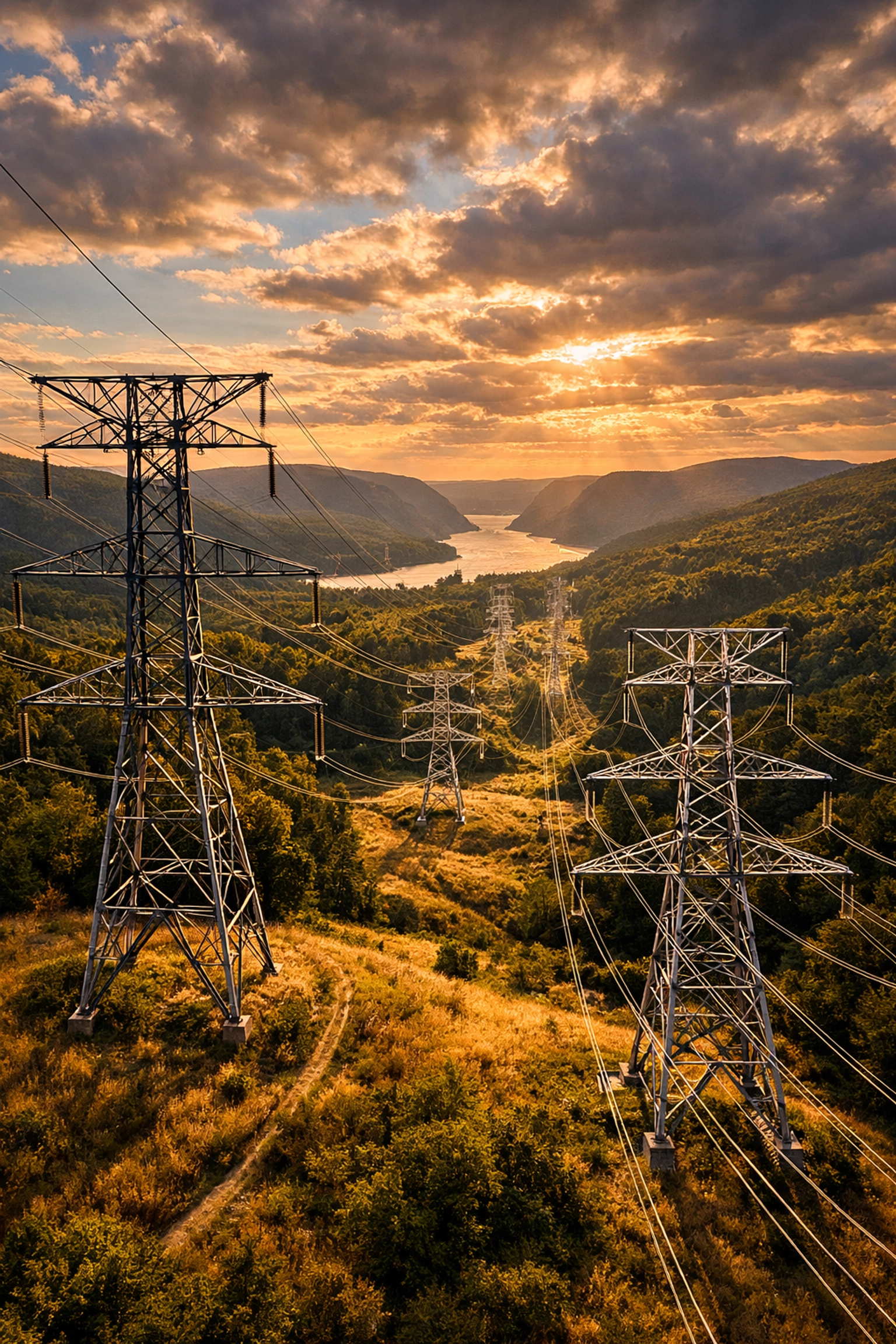 High-voltage transmission towers crossing Hudson Valley landscape creating pricing bottlenecks