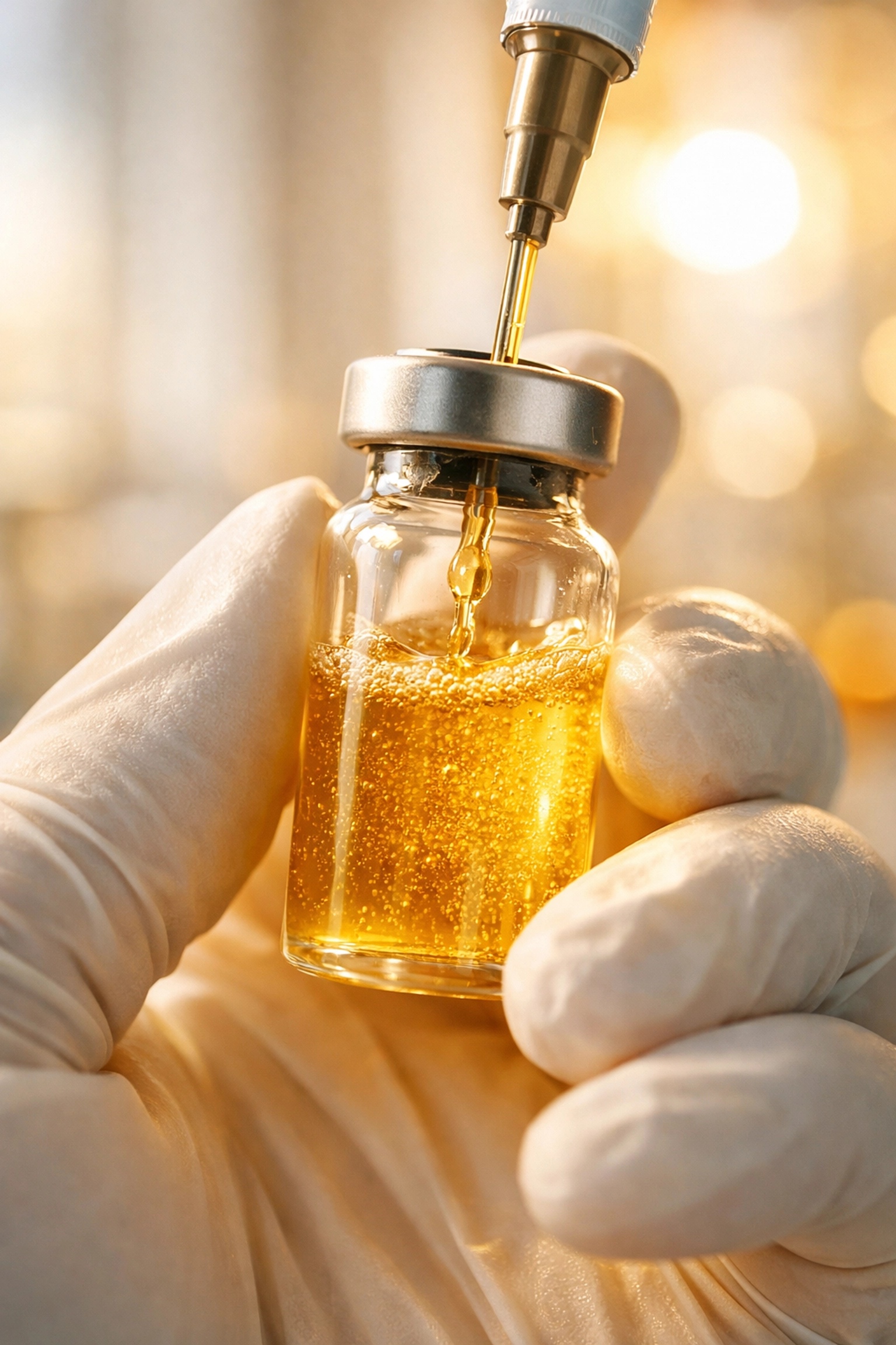 Close-up of golden PRP liquid in a sterile vial for professional skin rejuvenation treatments.