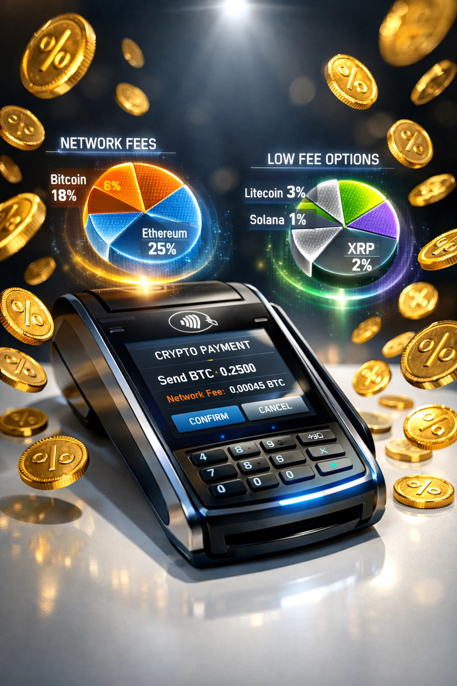 Crypto payment terminal displaying merchant fee savings compared to traditional card processing