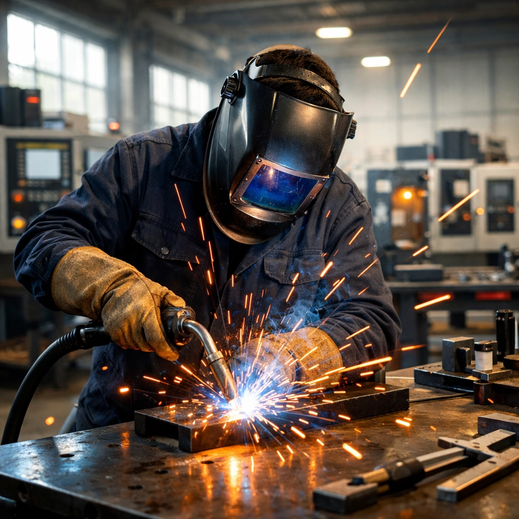 Skilled welder working on metal fabrication in modern manufacturing workshop