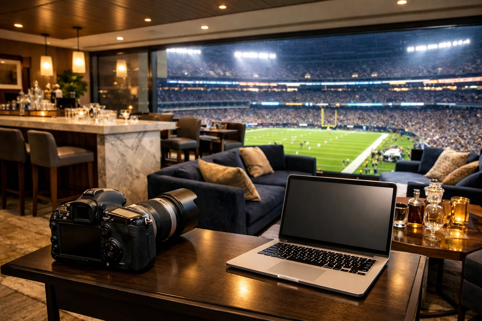 Luxury corporate hospitality suite overlooking a football field for high-stakes sports marketing events.