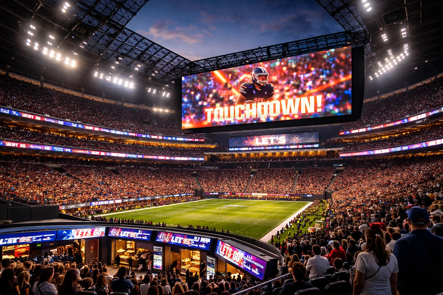 Modern sports stadium at night with multiple digital signage displays emphasizing integrated advertising network