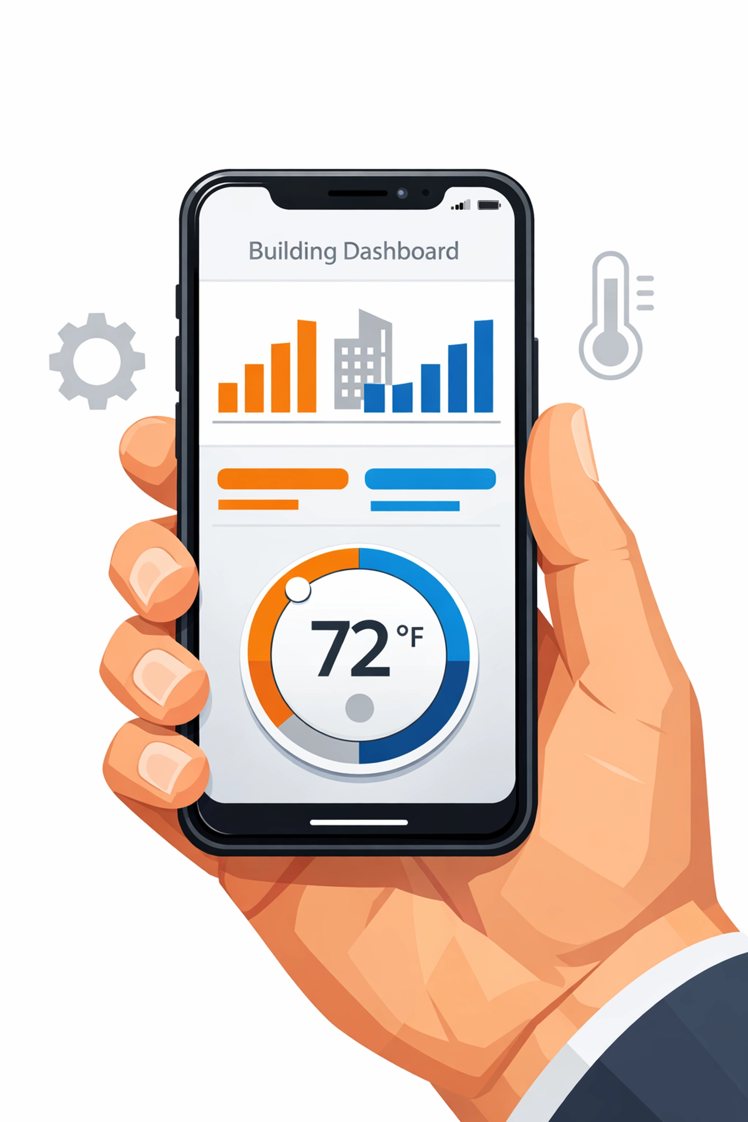 Smartphone app displaying a building management dashboard for mobile commercial HVAC control.