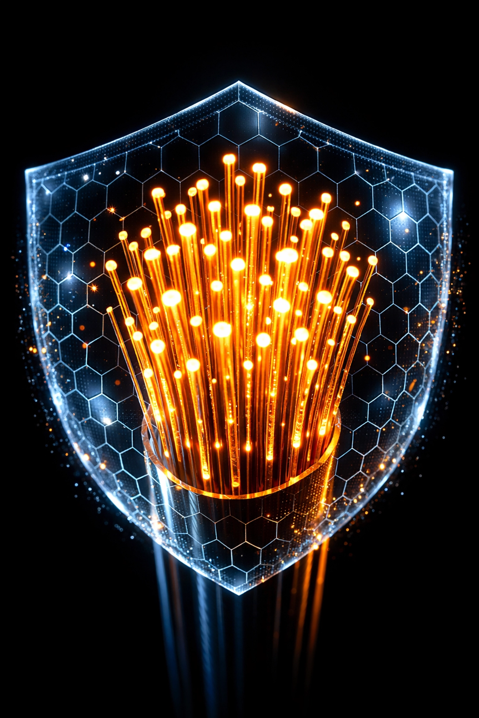 Close-up of fiber optic cables and a digital shield illustrating secure networking and data integrity solutions.
