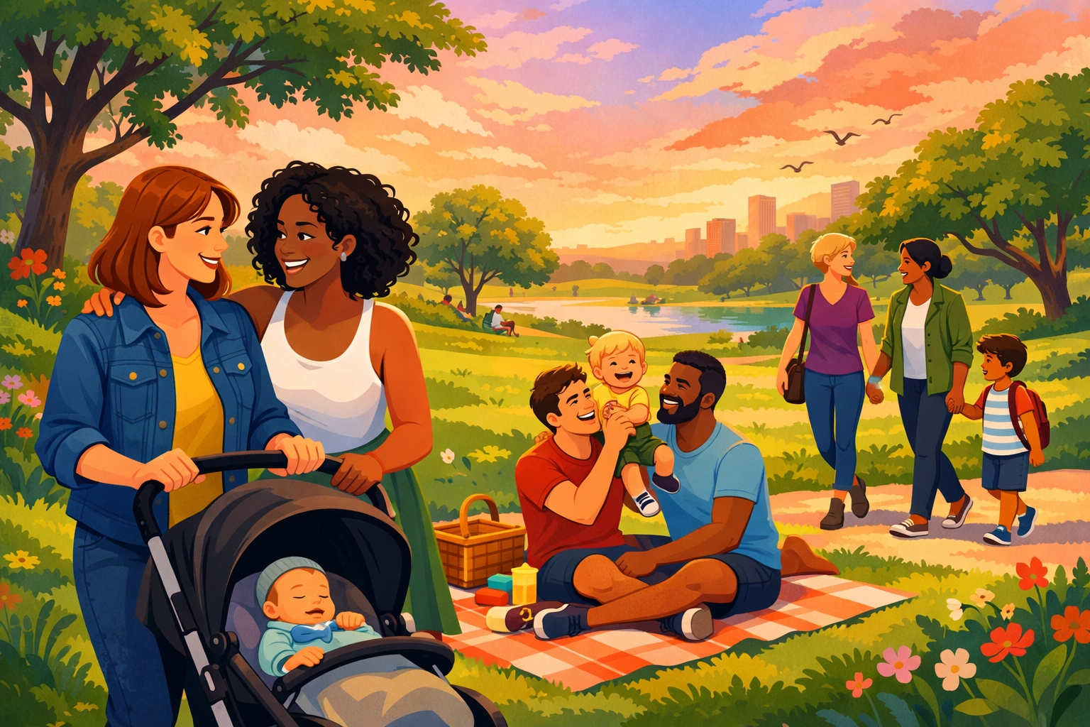 Diverse LGBTQ families with children enjoying time together in park after legal adoption