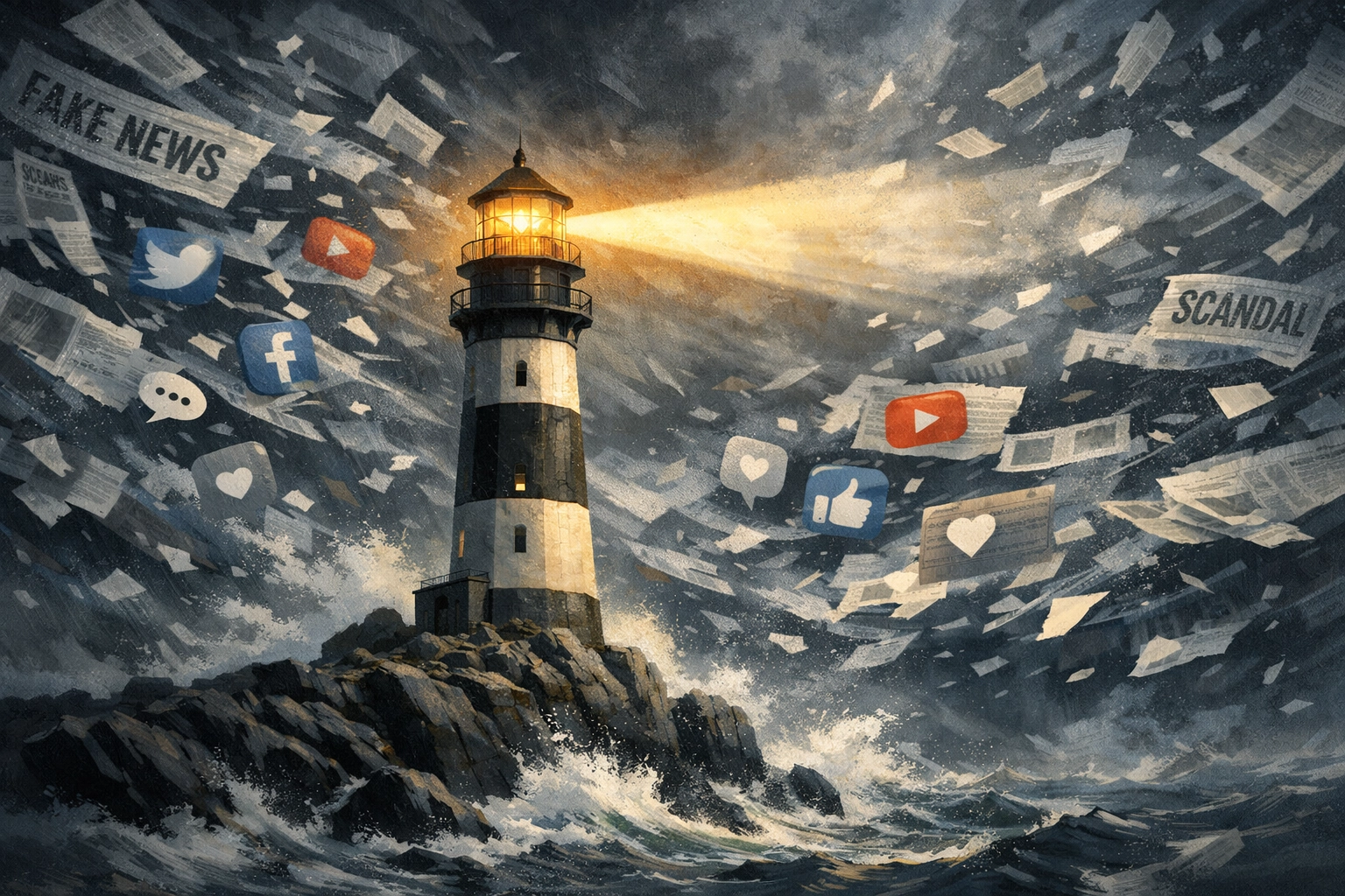Lighthouse of truth standing firm amid swirling storm of news headlines