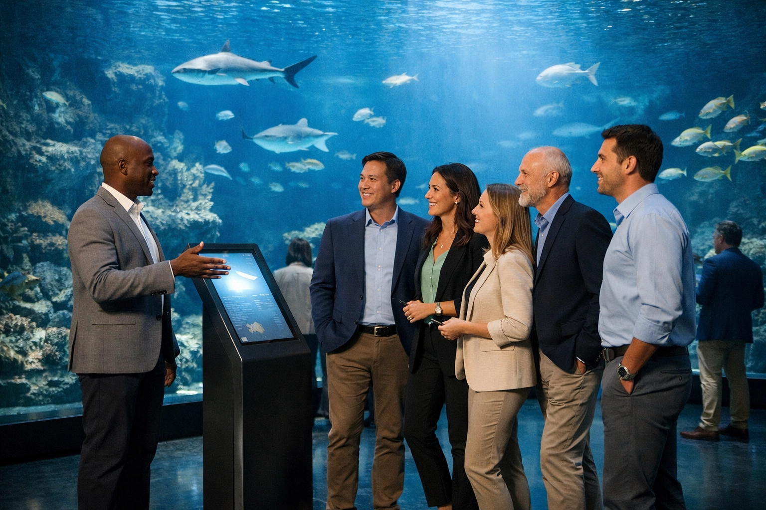 Professionals discussing aquarium sponsorship activation and community partnerships near a digital information kiosk.