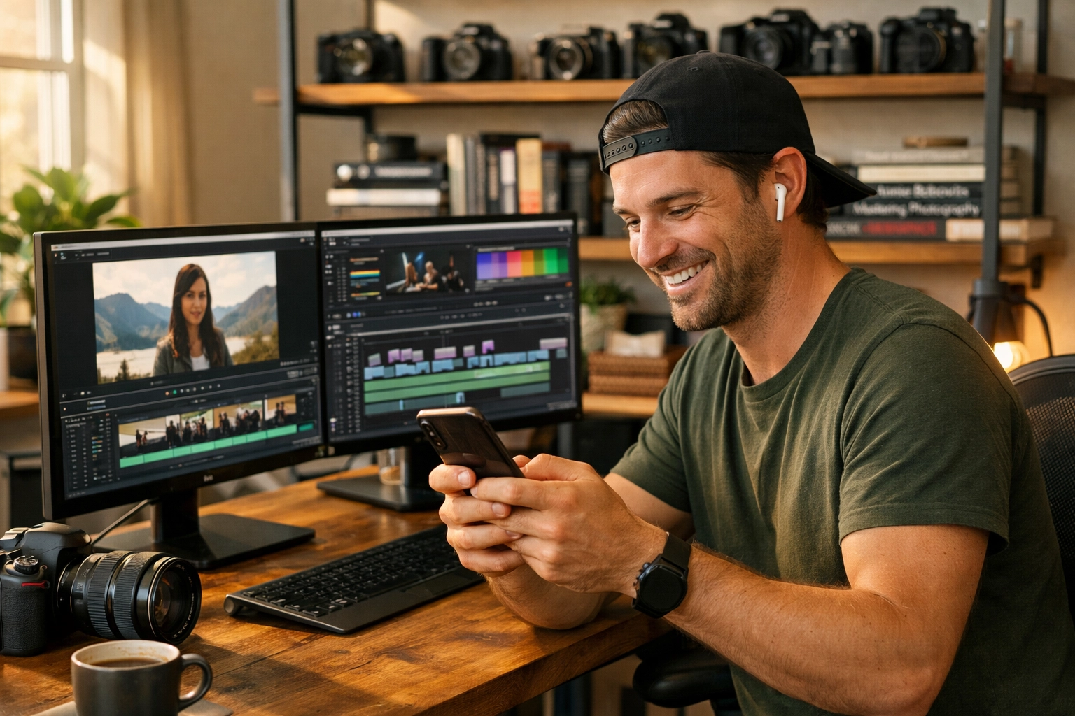 Freelance videographer communicating with clients from a professional video editing home office studio.