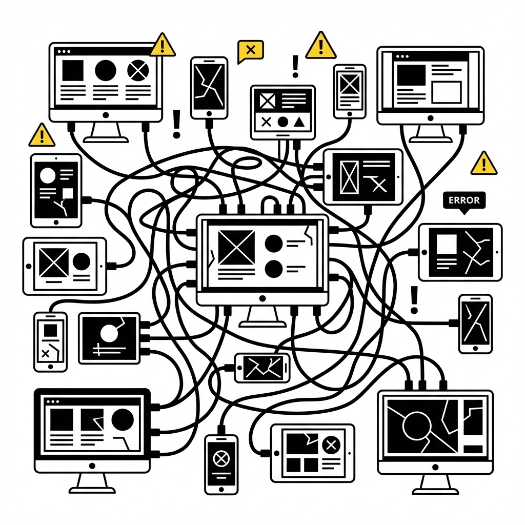 Multiple screens and devices are tangled in black cables with warning icons. The setting is chaotic; text reads "ERROR".