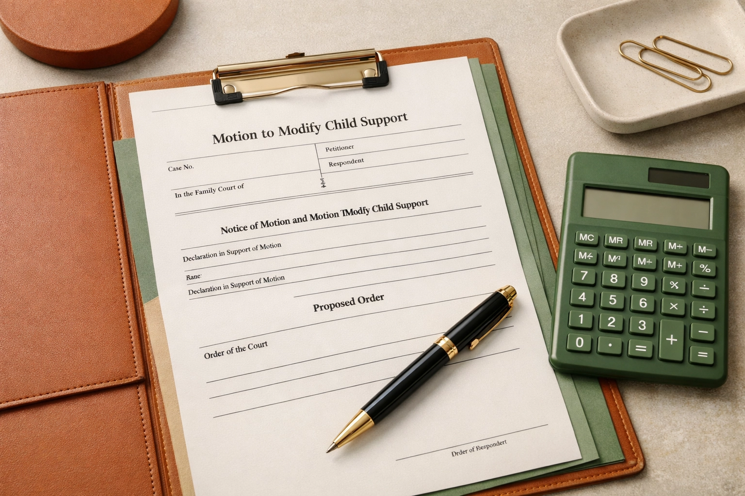 Motion to amend paperwork for a child support modification in Virginia on an organized desk