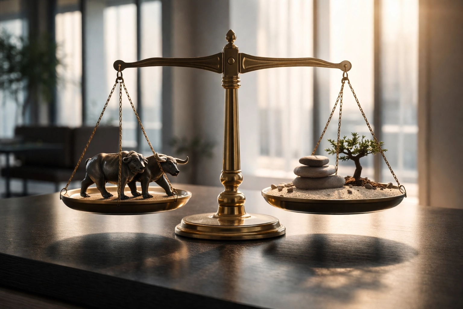 Balanced scale with bull and bear figurines illustrating market-neutral and long/short hedge fund strategies for risk management.