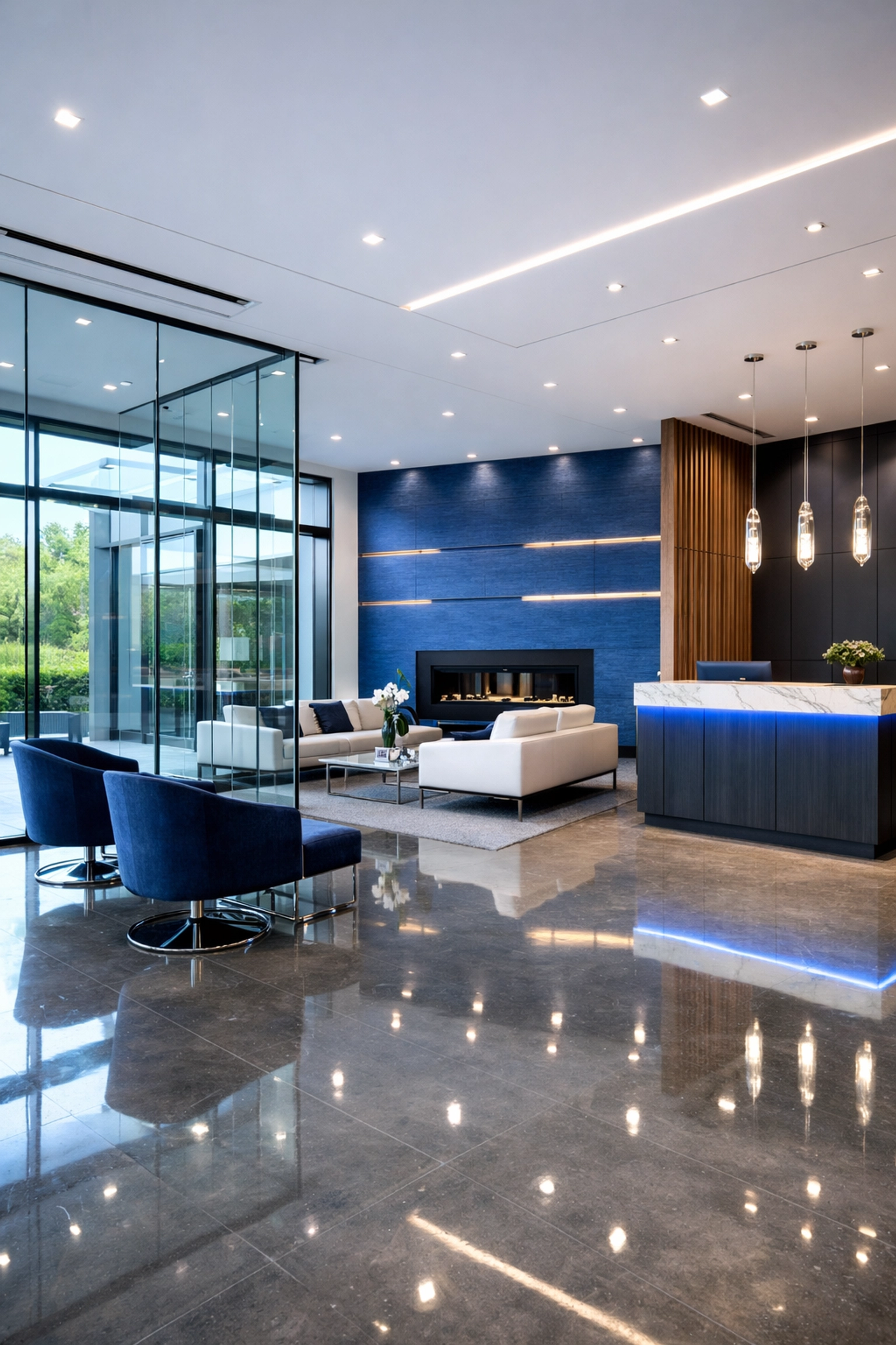 A clean, modern Westborough office space featuring polished floors after professional commercial deep cleaning.