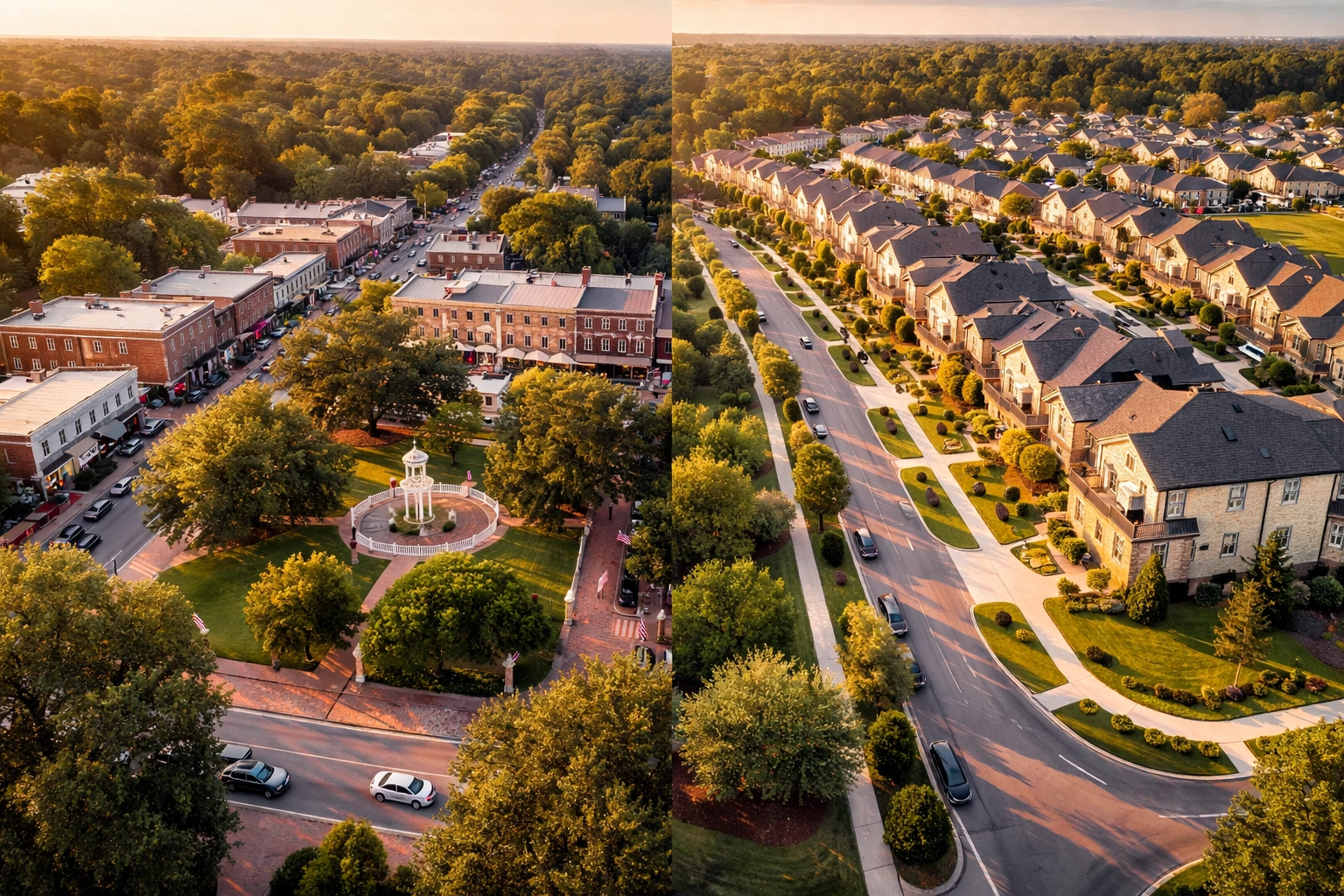 Aerial view highlighting the contrast between historic Lawrenceville and modern Mulberry neighborhoods in Gwinnett County