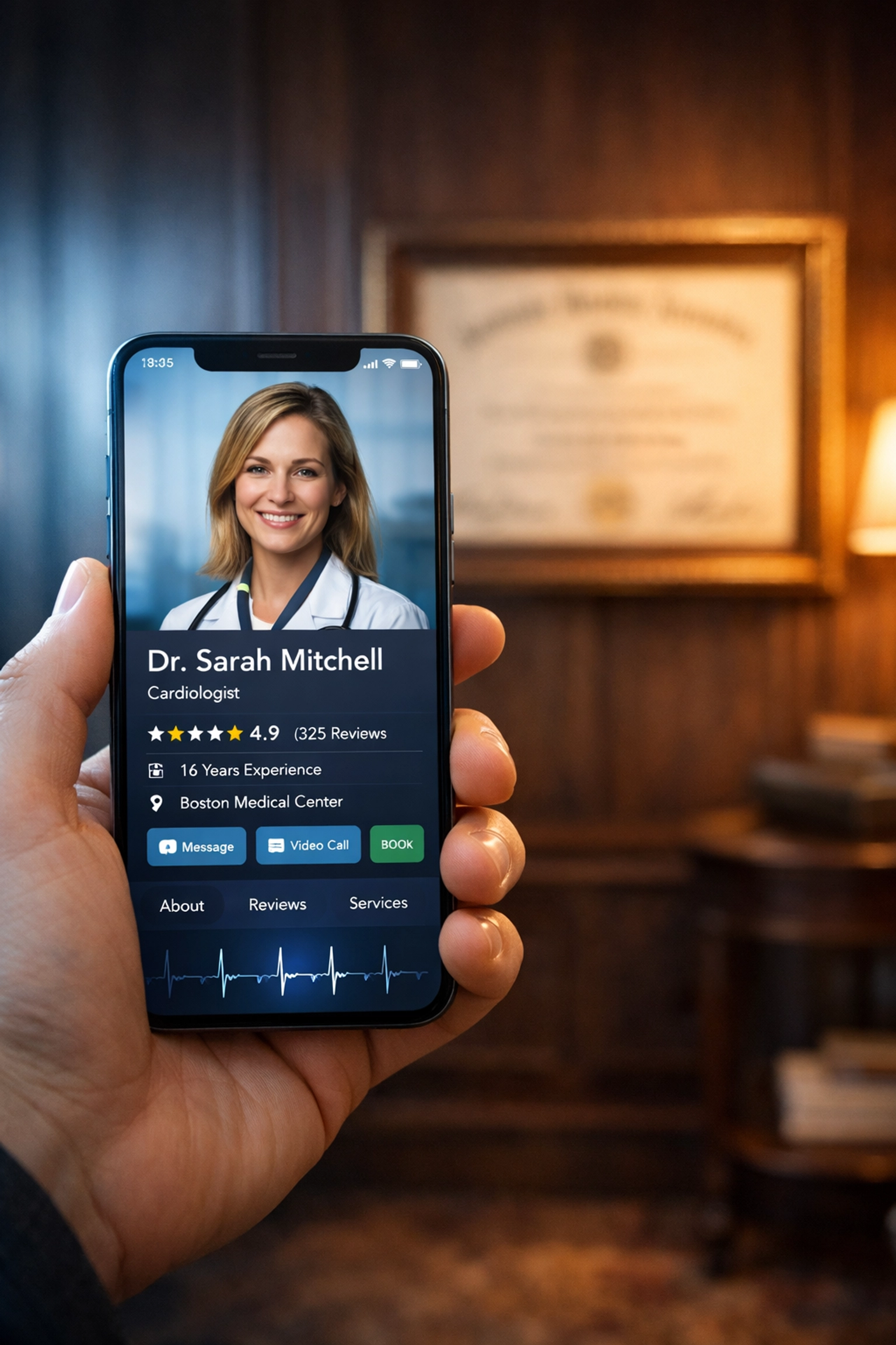 Marca personal médica digital en un smartphone frente a un diploma tradicional en el consultorio.