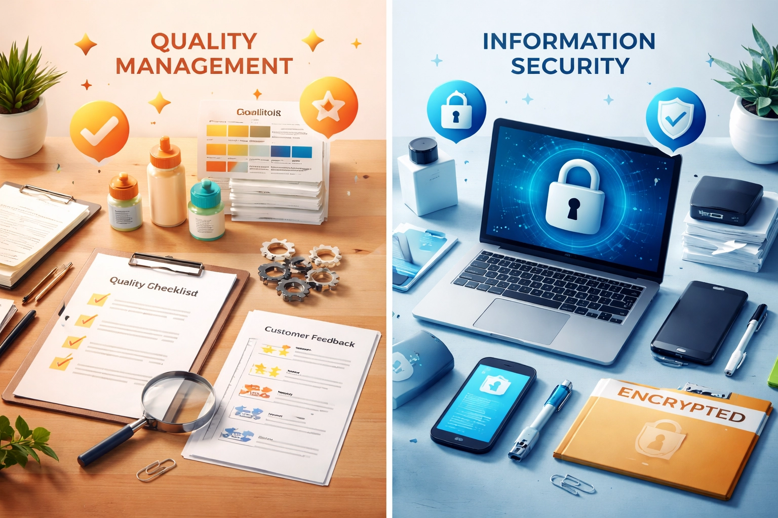 Side-by-side comparison of quality management and information security tools on a business desk, illustrating ISO 9001 vs ISO 27001 for small businesses