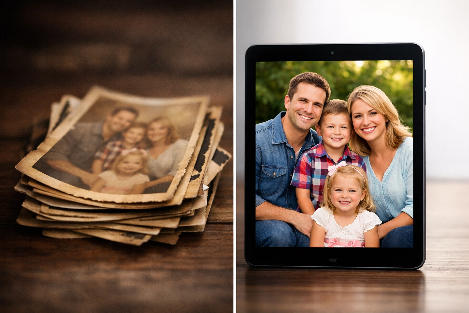 Comparing faded vintage prints with high-quality digital images from photo scanning services.