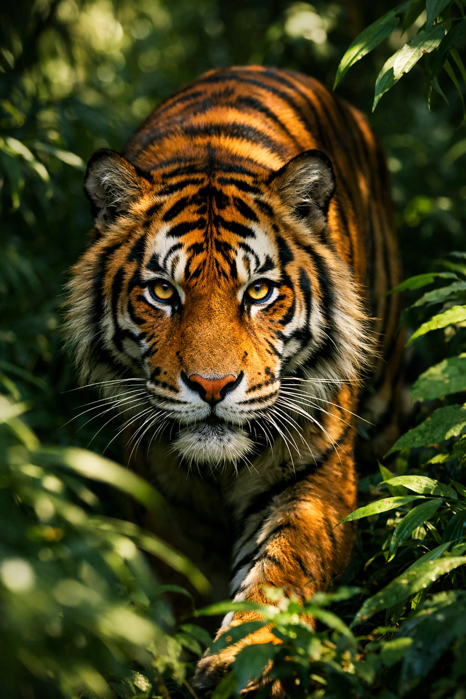 A Bengal tiger prowls through dense green jungle foliage with an intense, focused gaze.