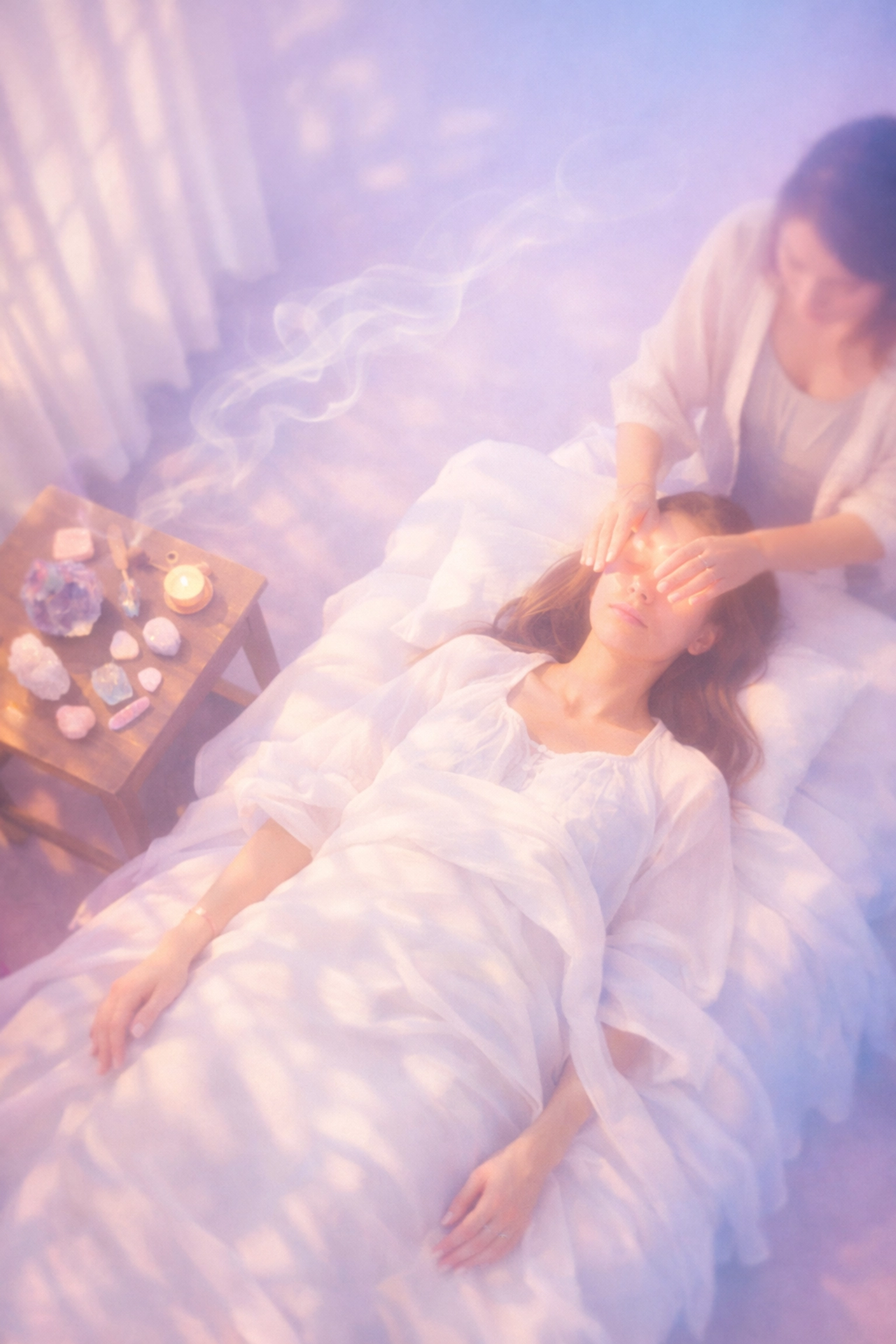 Peaceful spiritual healing room with massage table, crystals, and soft lighting
