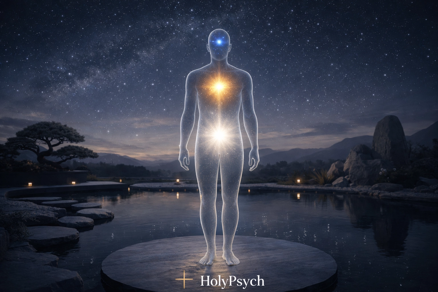 Serene, professional Holy Psych photography in slate, navy, and gold: a sophisticated minimalist scene conveying reflection, wholeness, and faith-informed care.