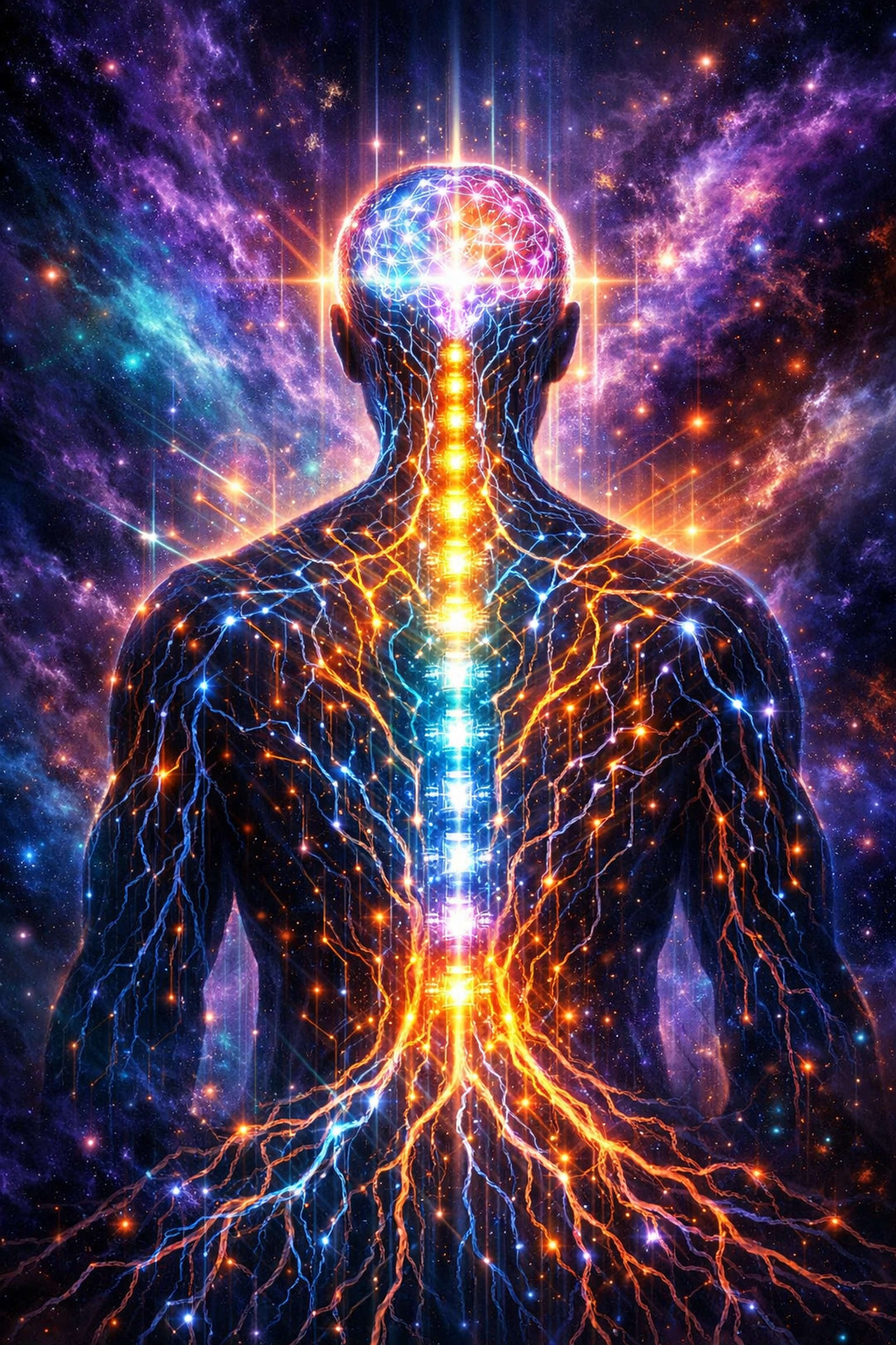 Abstract visualization of a regulated human nervous system glowing with energy for high performance.