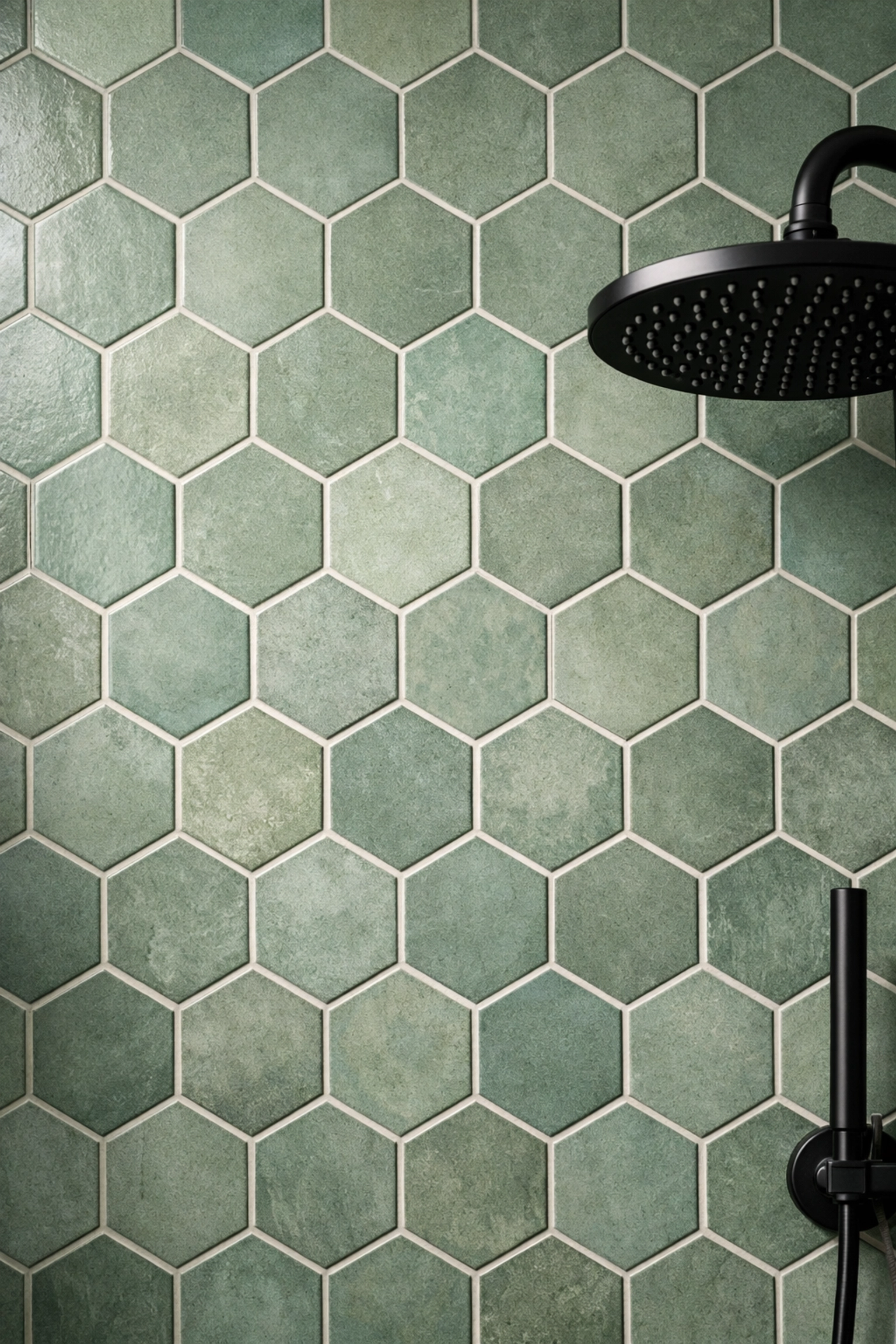 Geometric hexagonal tiles in sage green accent wall for Orlando bathroom shower remodel