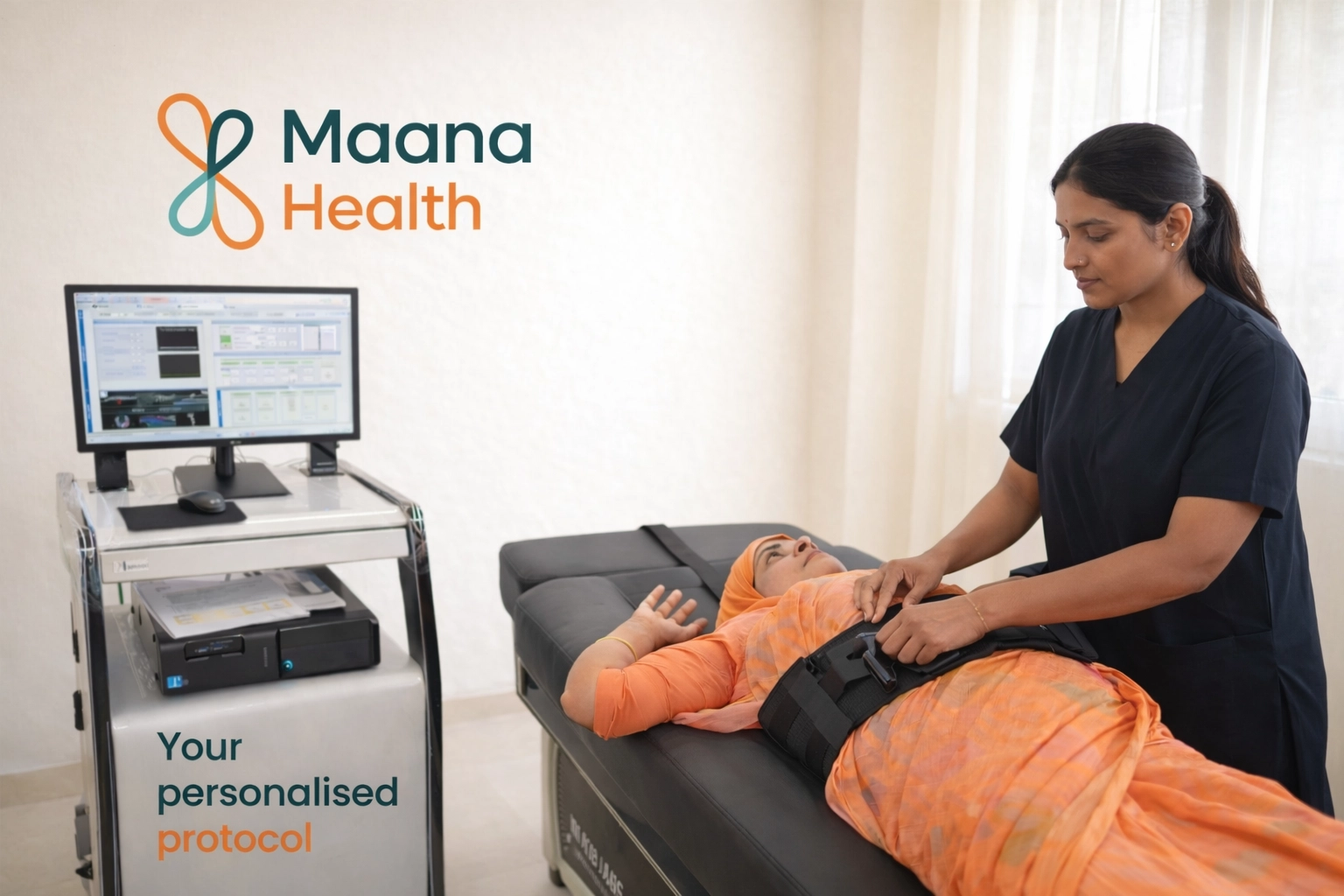 A Maana Health therapist prepares a female patient for spinal decompression therapy using the KINETRAC KNX-7000 machine, ensuring she is comfortably secured.