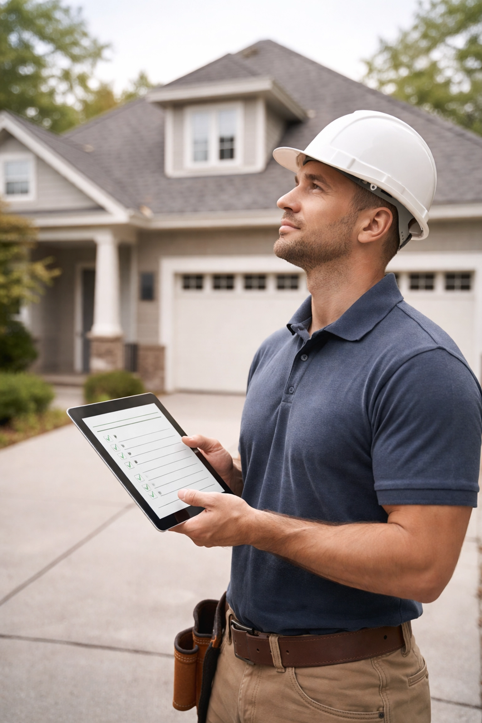 Roofing contractor using a digital checklist during a residential site visit for accurate retail estimating workflow