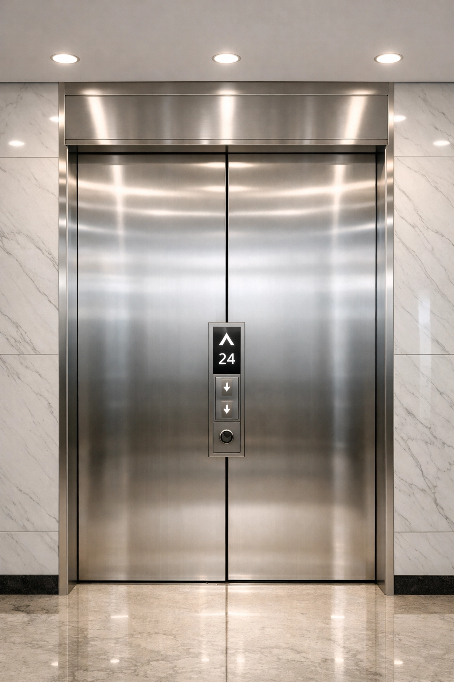 Polished elevator bank in a Detroit corporate office showcasing professional janitorial maintenance.