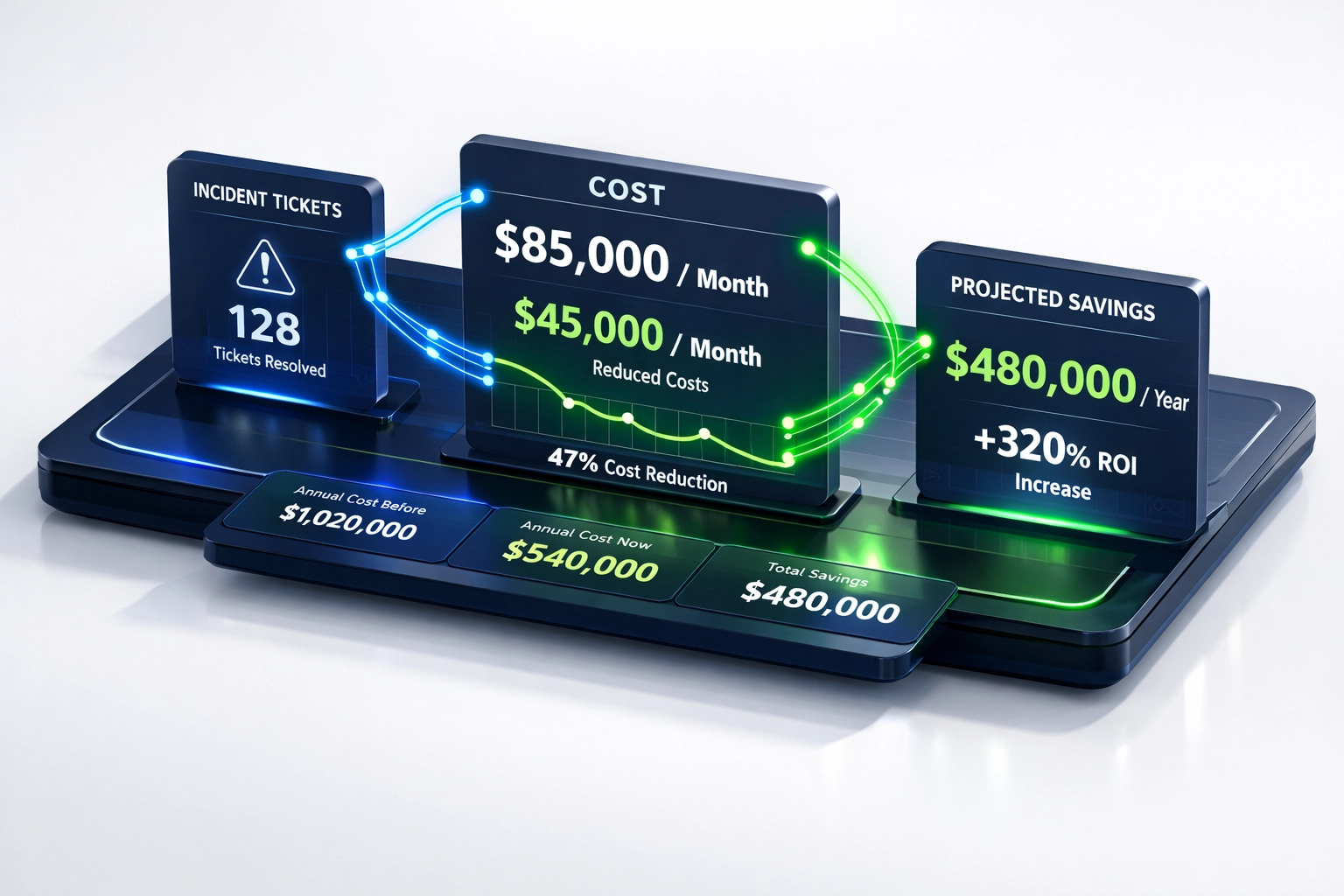 ServiceNow ITOM ROI calculator dashboard displaying incident cost savings and efficiency metrics