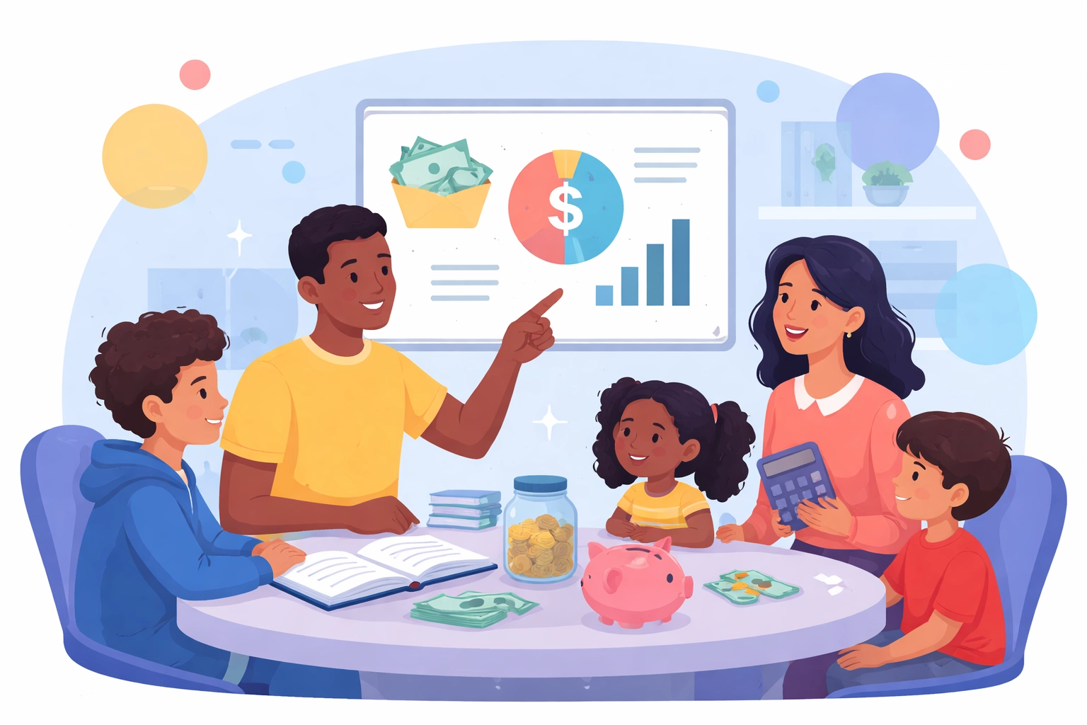 Diverse family discussing budget at dining table, promoting teamwork in simple family budgeting tips