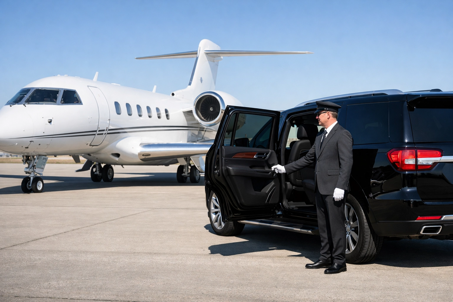 Elite corporate travel logistics featuring a private jet and luxury SUV for executive transportation.