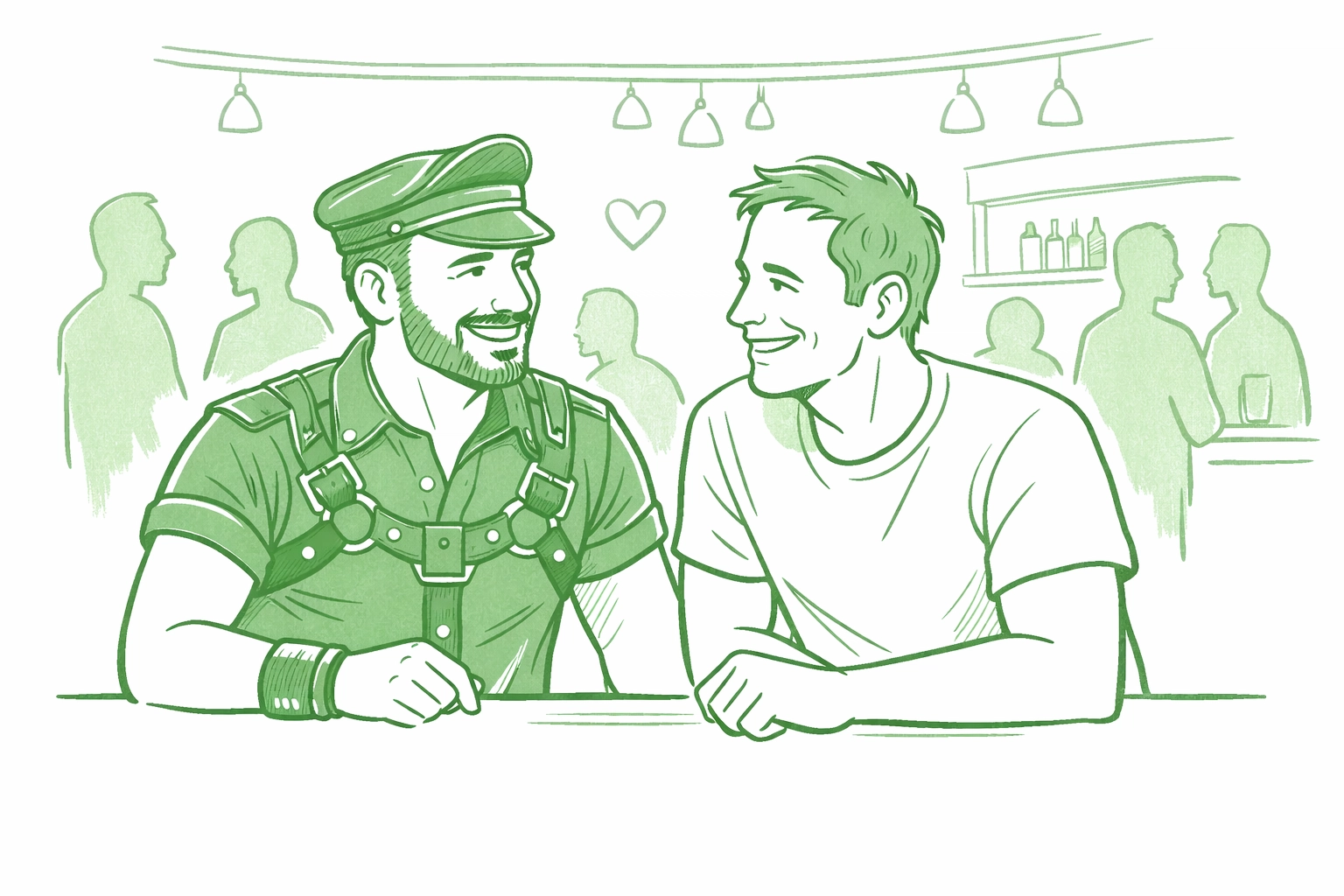 Gay men in leather gear connect at LGBTQ+ community gathering space
