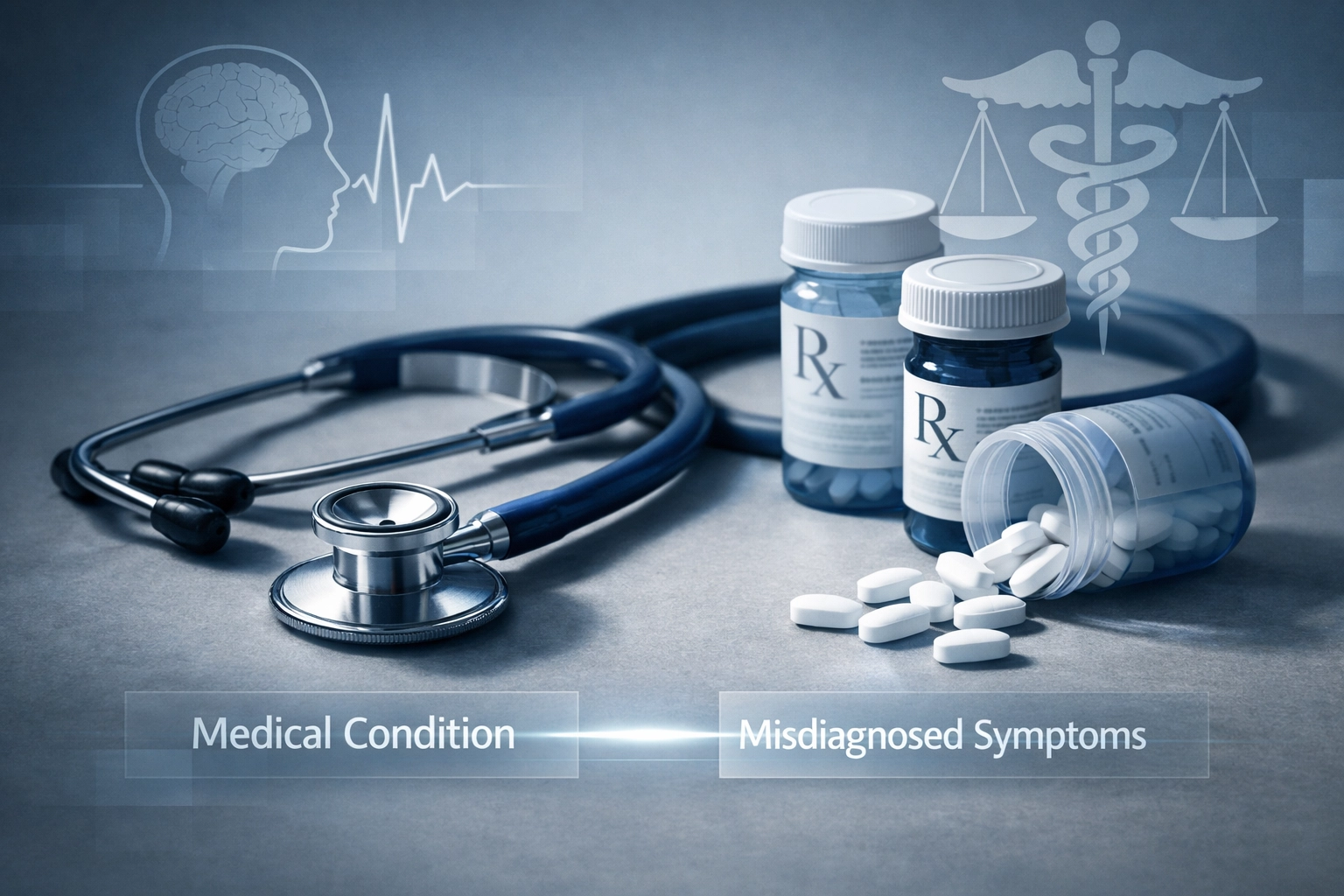 Medical stethoscope and medications showing conditions that mimic DUI symptoms
