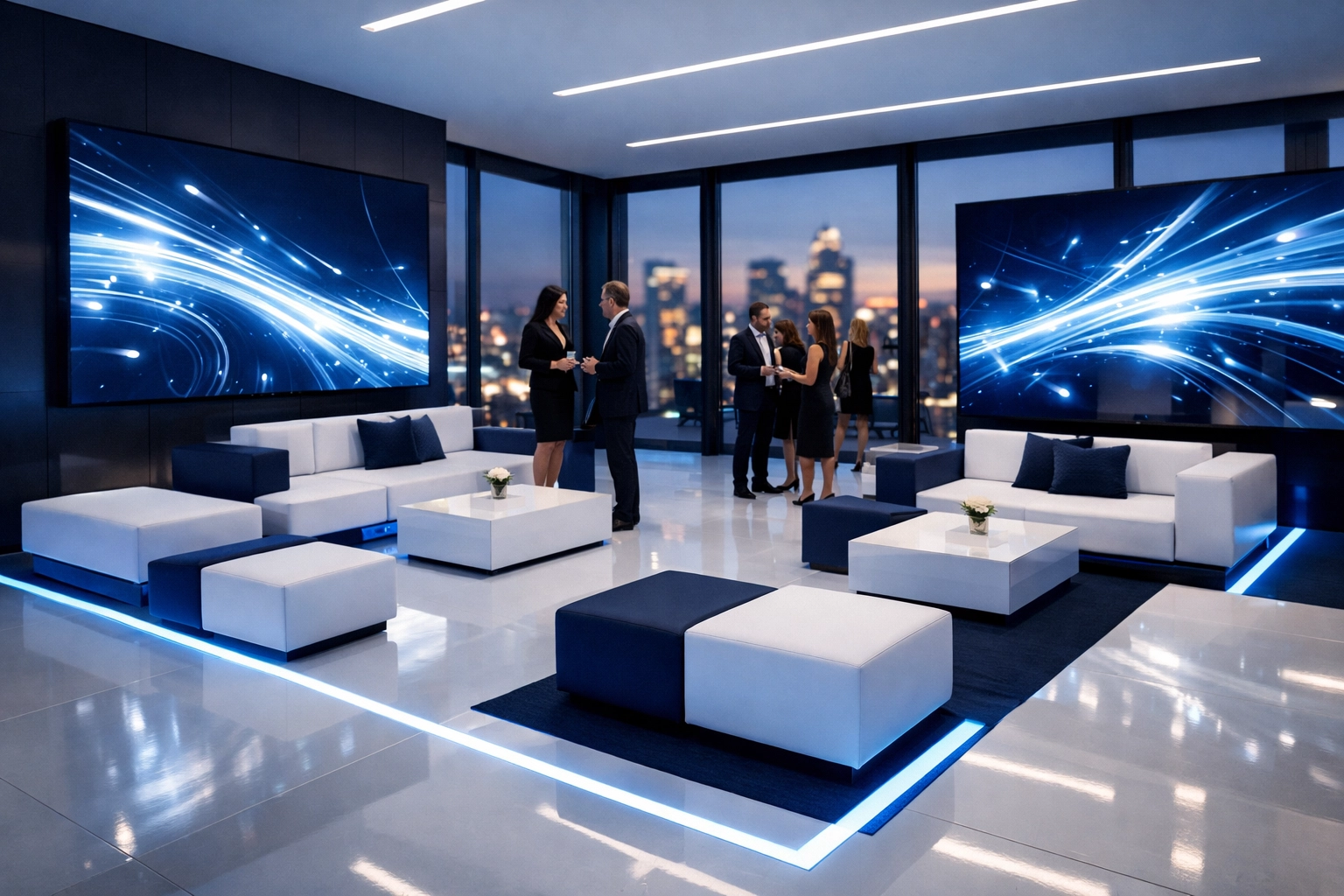 A modern corporate lounge overlooking the city for exclusive executive networking and brand visibility.