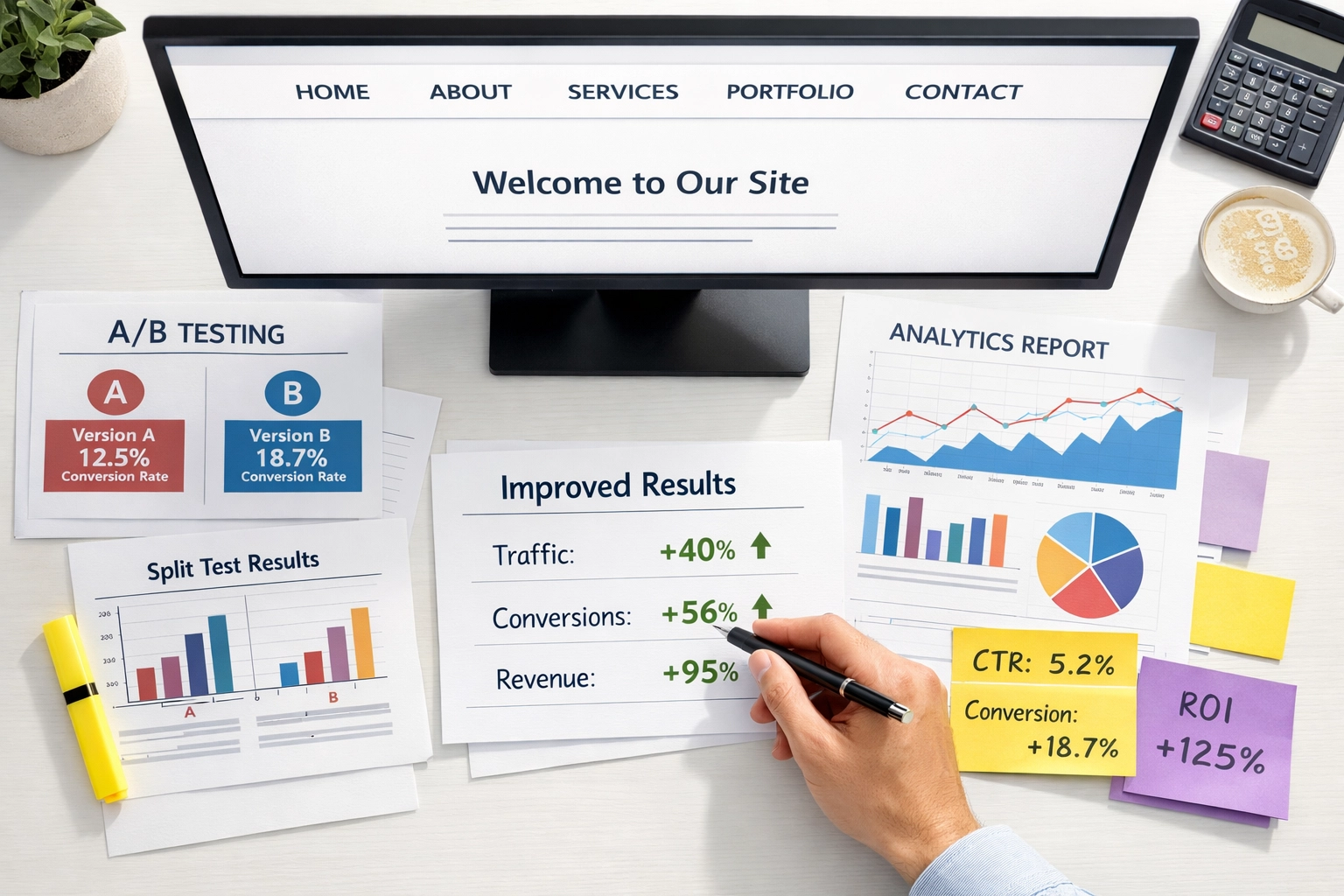 Conversion rate optimization workspace with analytics charts and website metrics