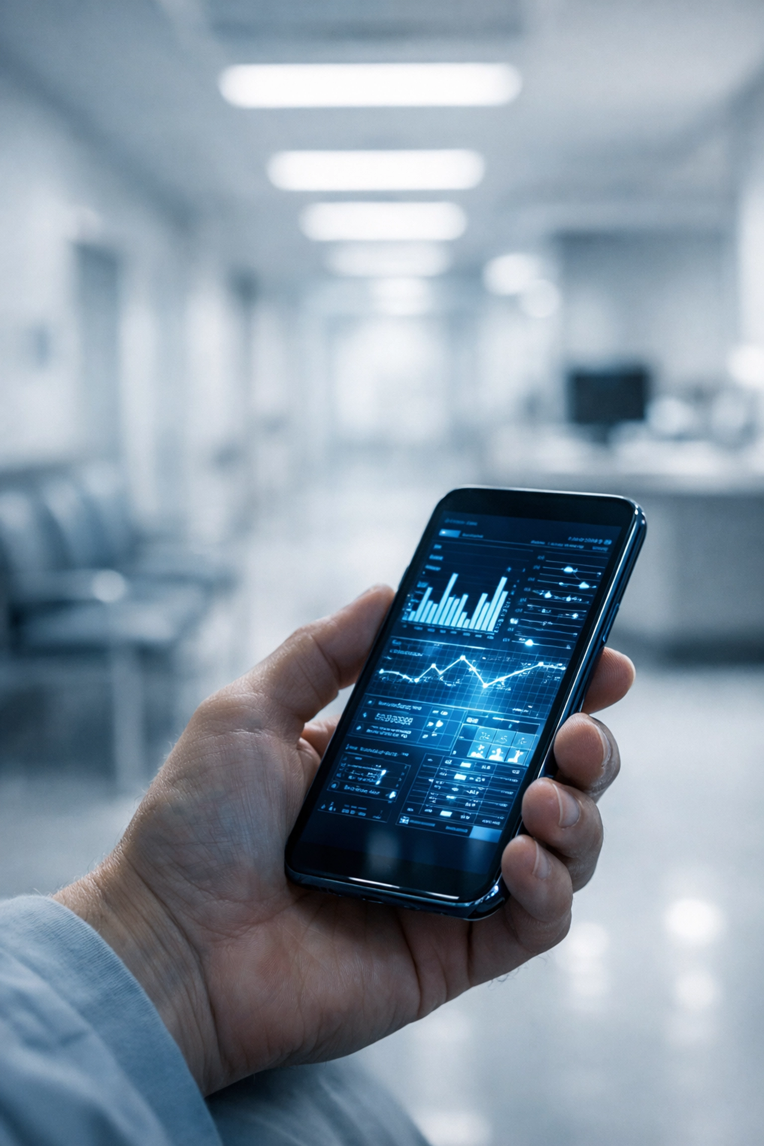 Smartphone displaying data in a sterile hospital hall, representing the shift from patient care to digital data.