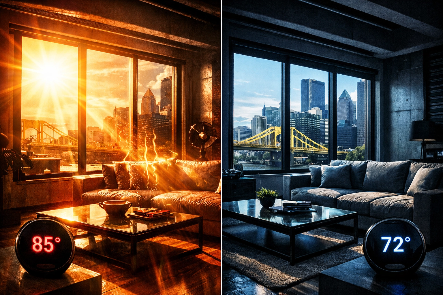 Before and after comparison showing Pittsburgh home with window film reducing heat and improving comfort