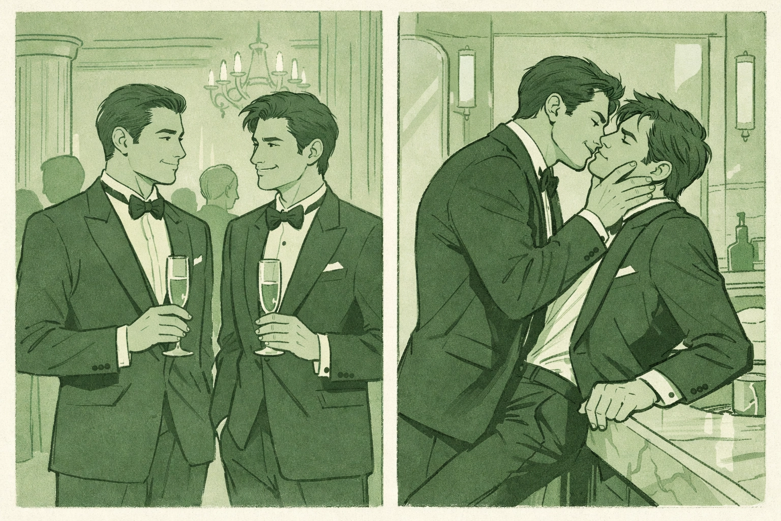 Gala formality contrasted with private bathroom passion in gay romance scene