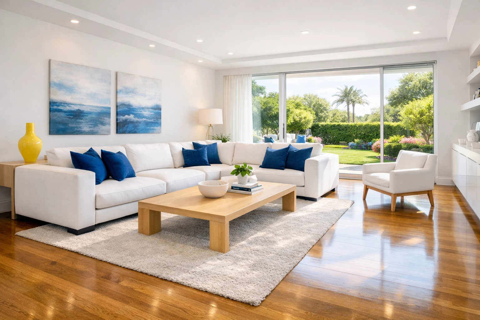 A tidy modern living room with a white sofa representing regular house cleaning maintenance services.