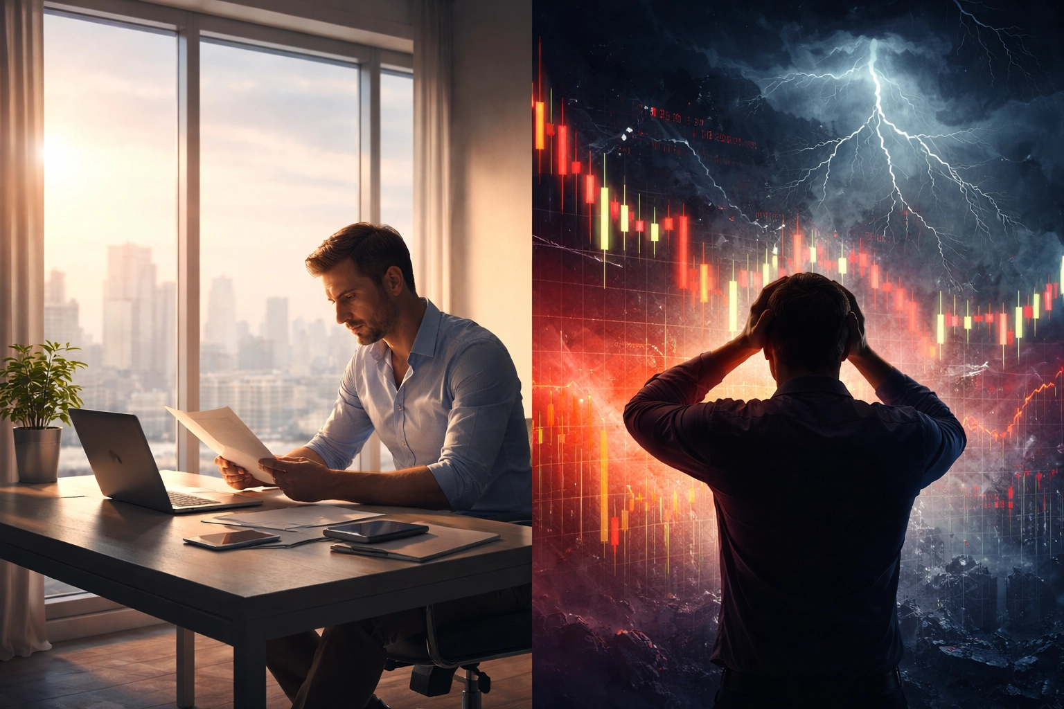 Split scene showing investor calm and market volatility, representing emotional versus rational decisions in investing.