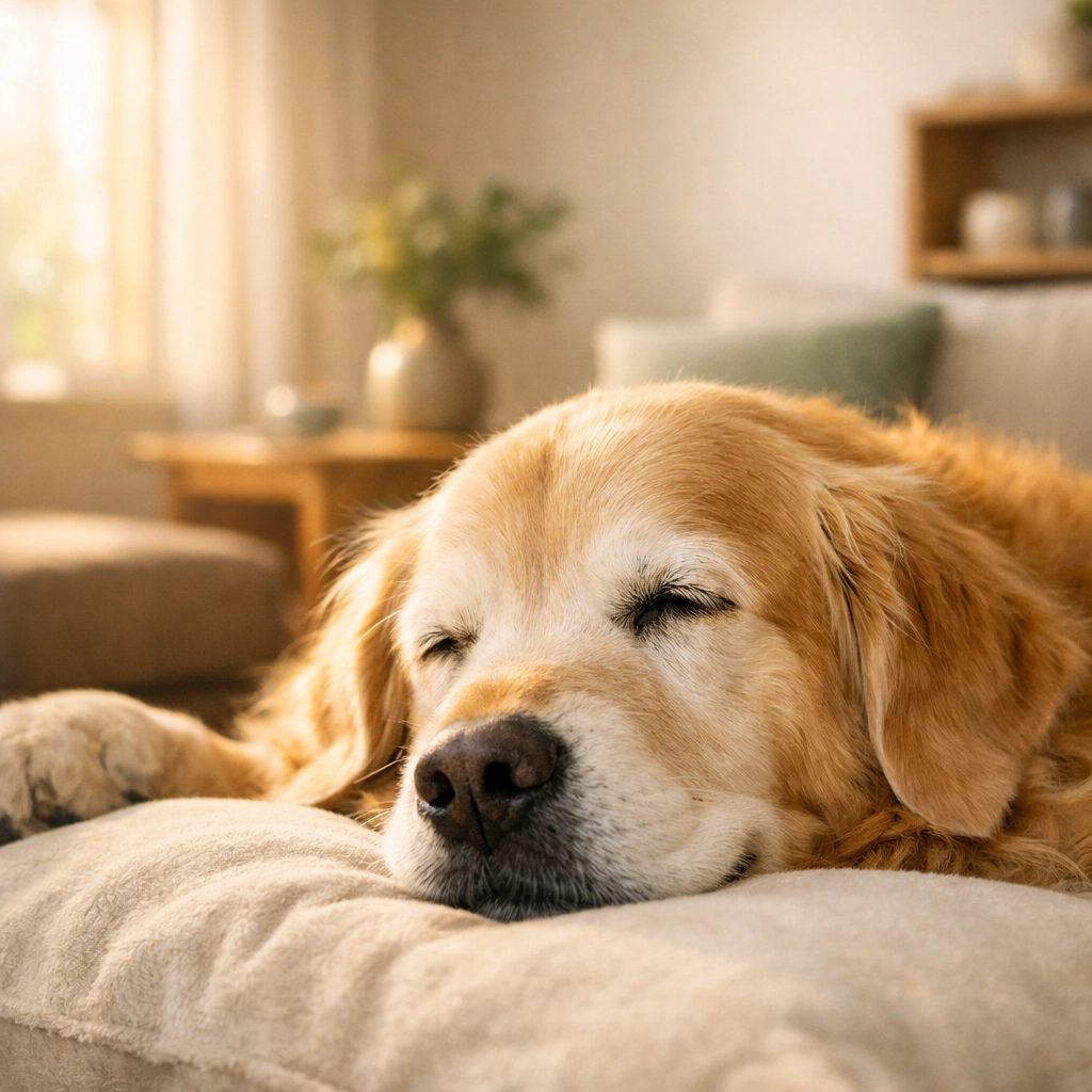 Senior Golden Retriever resting comfortably on an orthopedic dog bed in a sunlit living room.