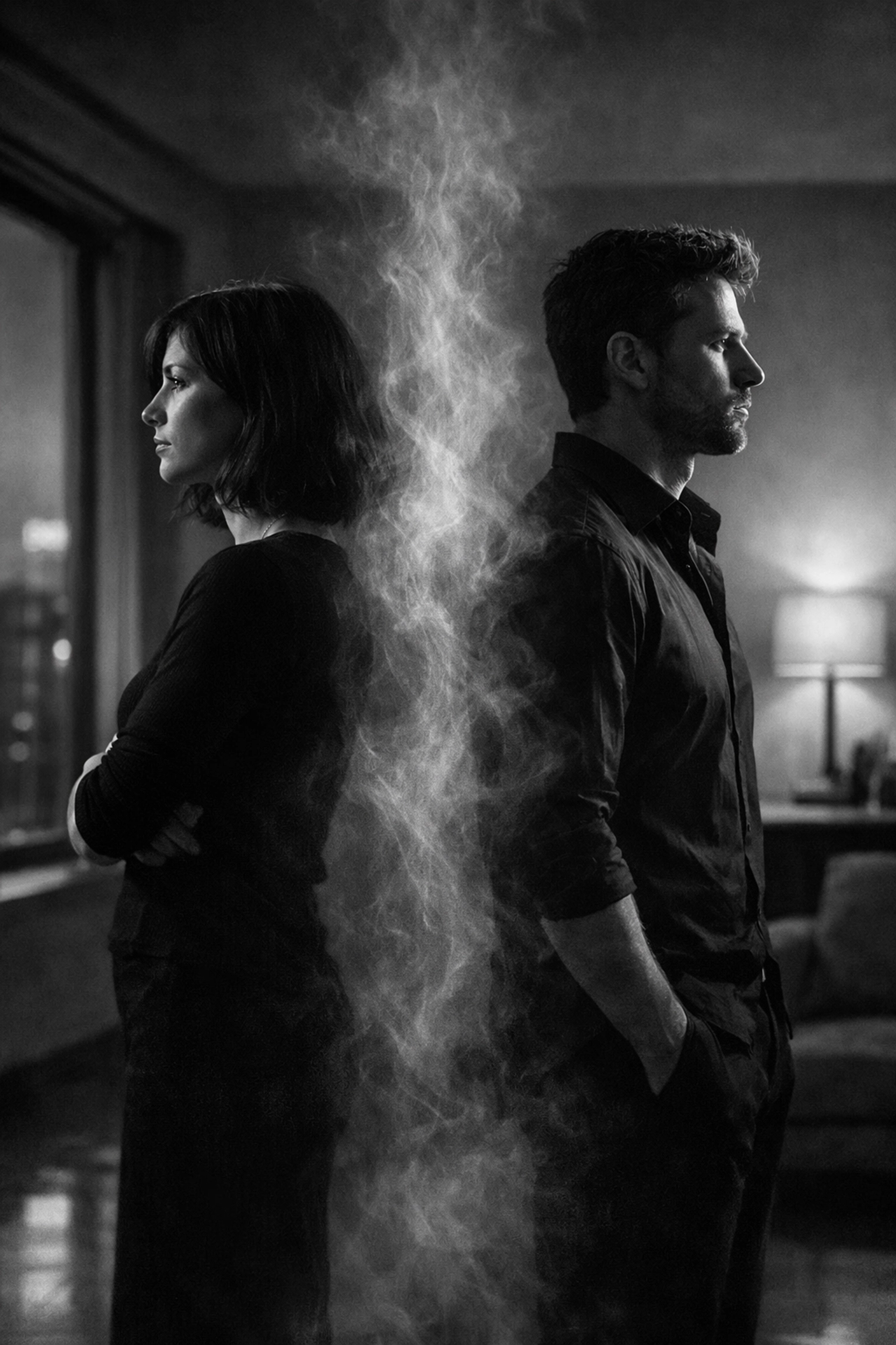 Couple standing back-to-back in an apartment, illustrating the emotional distance caused by intellectualized language.