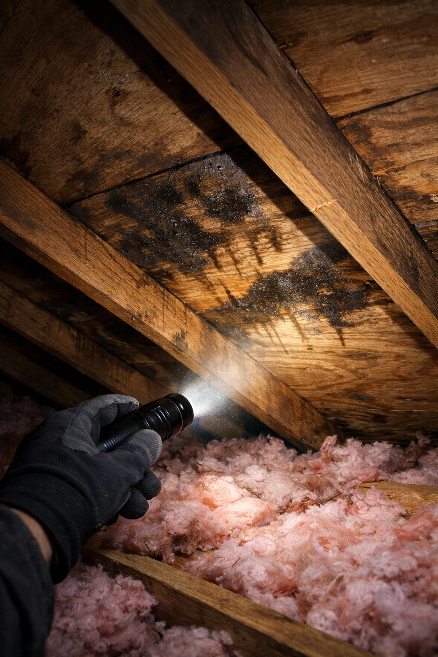 Attic inspection revealing water stains and moisture damage on roof decking and rafters