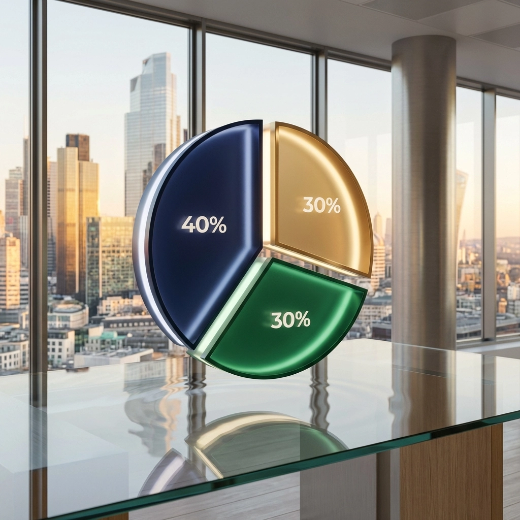 Pie chart illustrating 40/30/30 portfolio allocation with modern city skyline, showcasing alternative investments.
