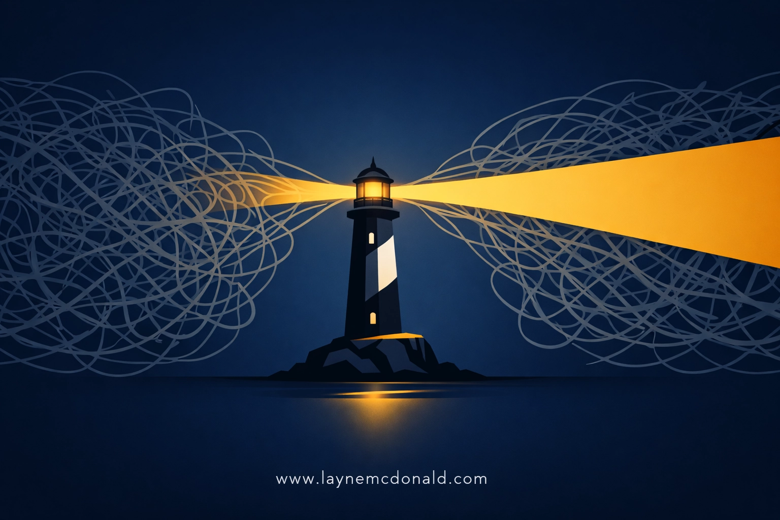 Golden lighthouse beam cutting through digital noise to illustrate breaking the transactional cycle.