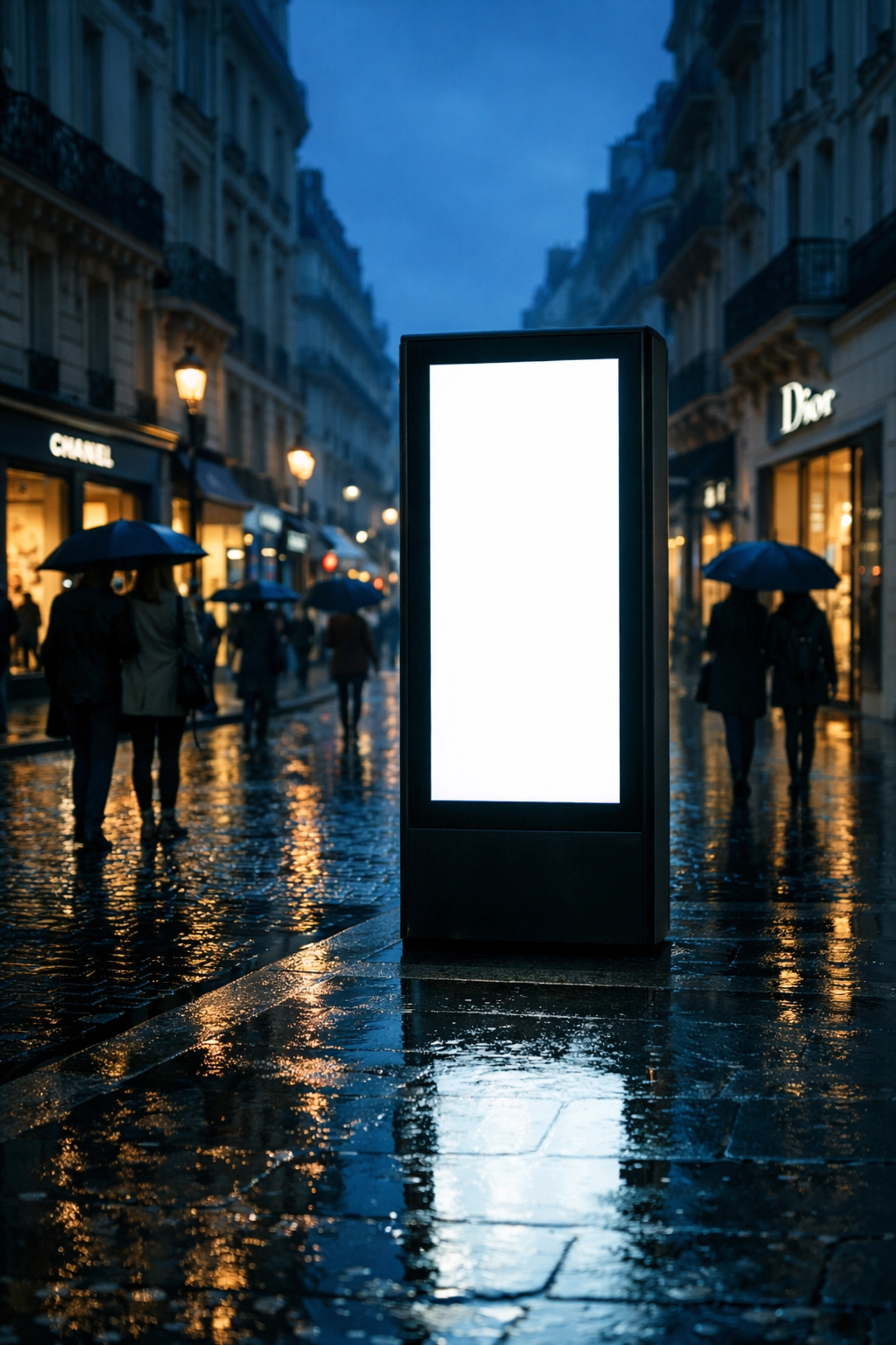 Sleek vertical digital advertising kiosk on a rainy Parisian street during blue hour.